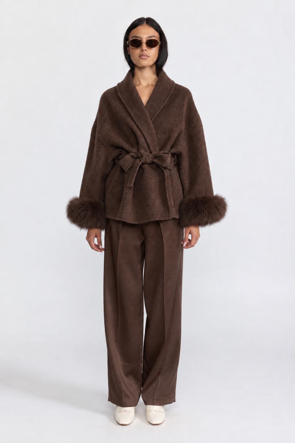 Wool Blend Wrap Jacket with Fox Fur Cuffs - Brown