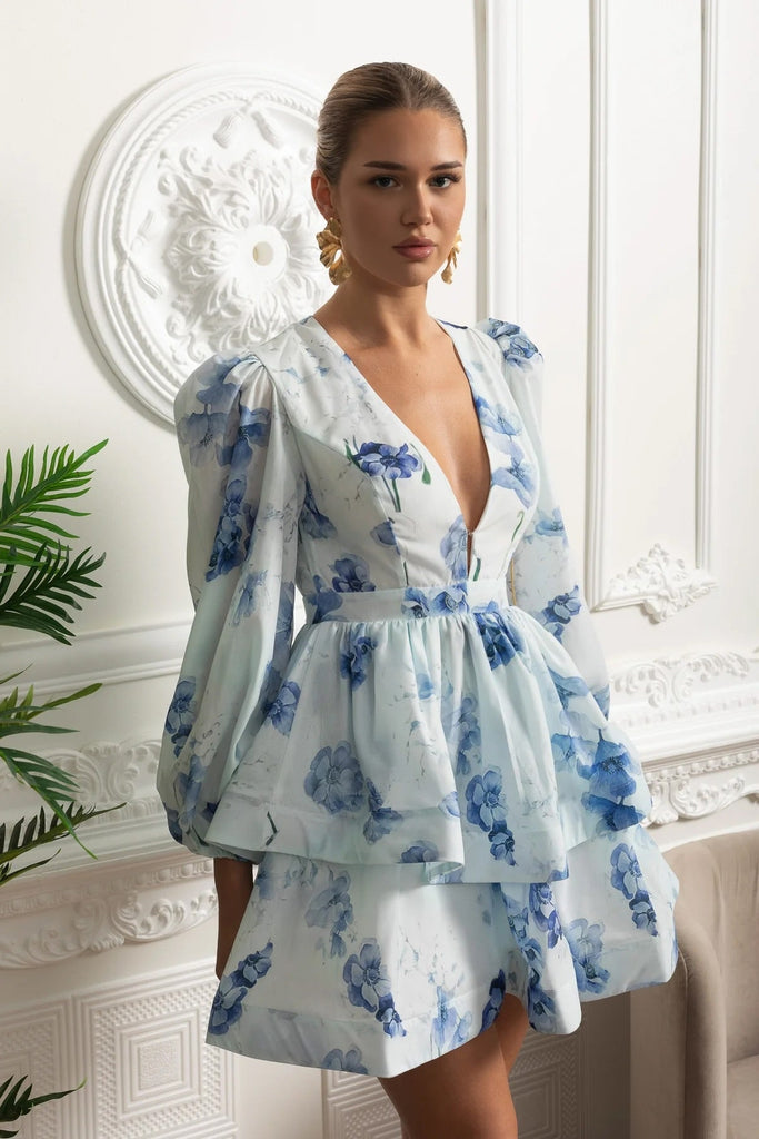 Robe Mini Florale Romantique Avec Manches Volumineuses Et Détail Peplum - Blanc/Bleu 
