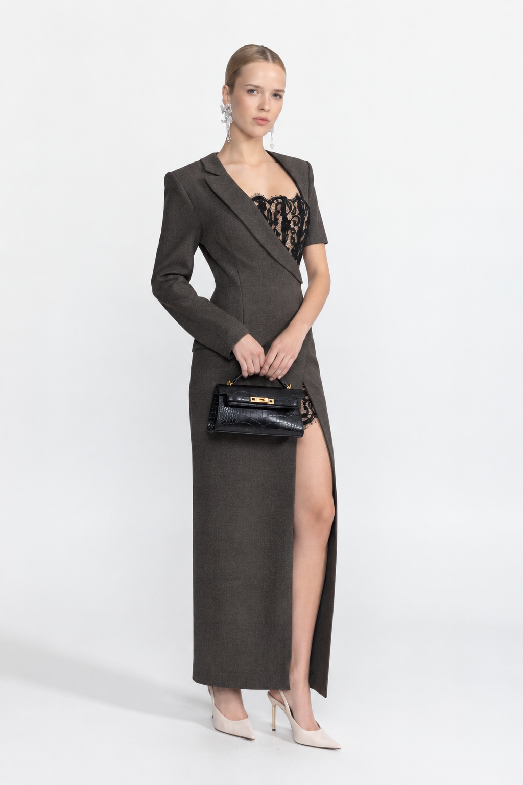 Lace Bustier Asymmetric Blazer Maxi Dress - Charcoal
