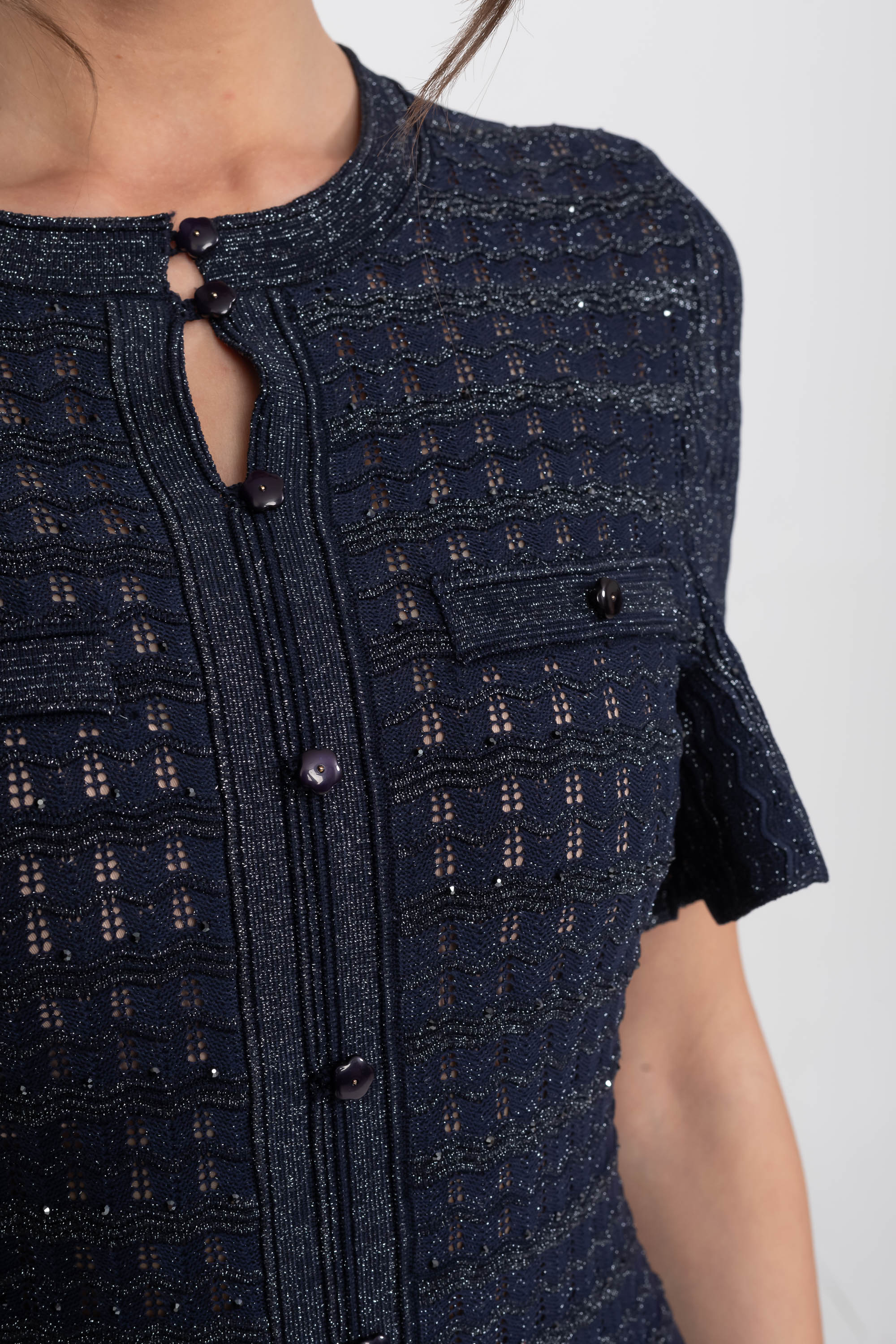 Robe Midi à Manches Courtes avec Texture Tricotée Scintillante - Navy 