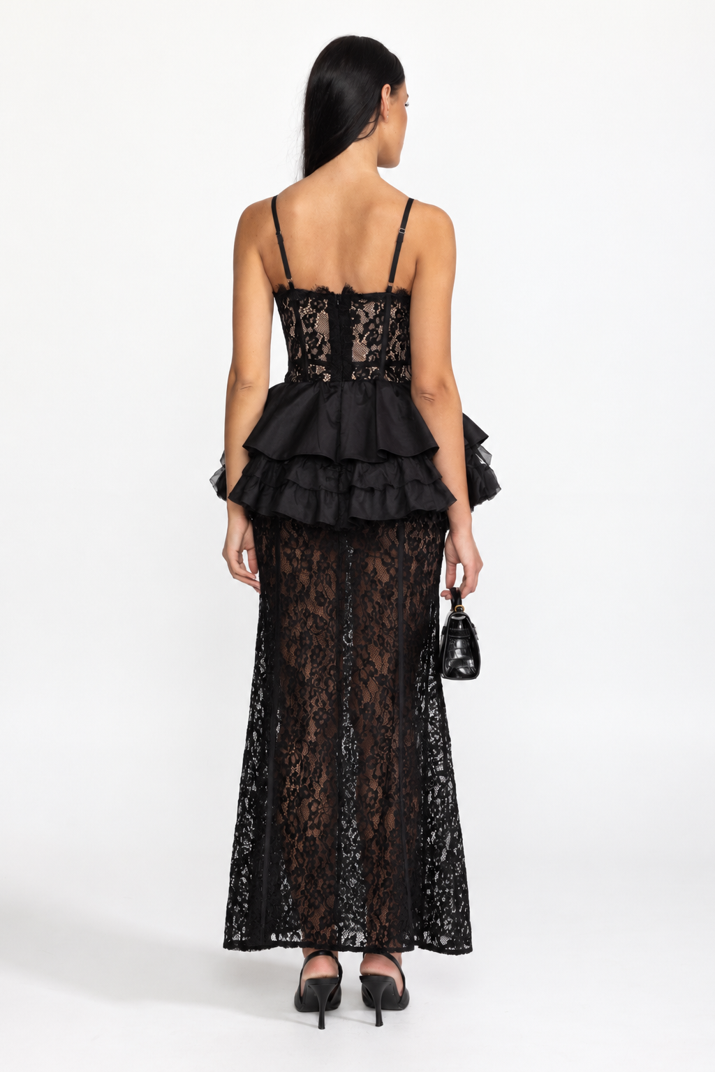 Robe longue à corset en dentelle, volants et basque - Noir 