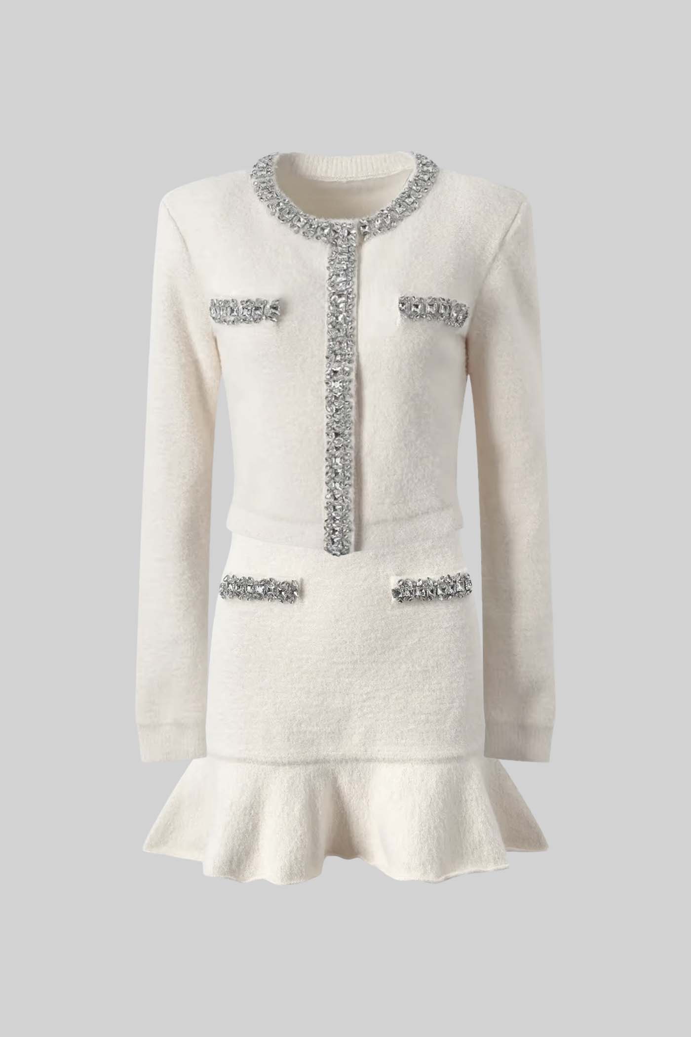 Soft Co-ord Set With Long Sleeves, Mini Skirt And Sparkling Embellishments - White