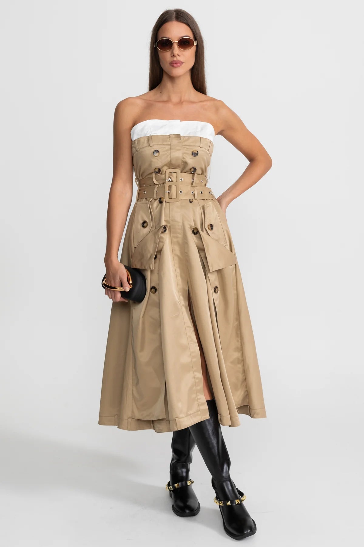 Robe midi trench sans bretelles avec taille ceinturée – Beige 