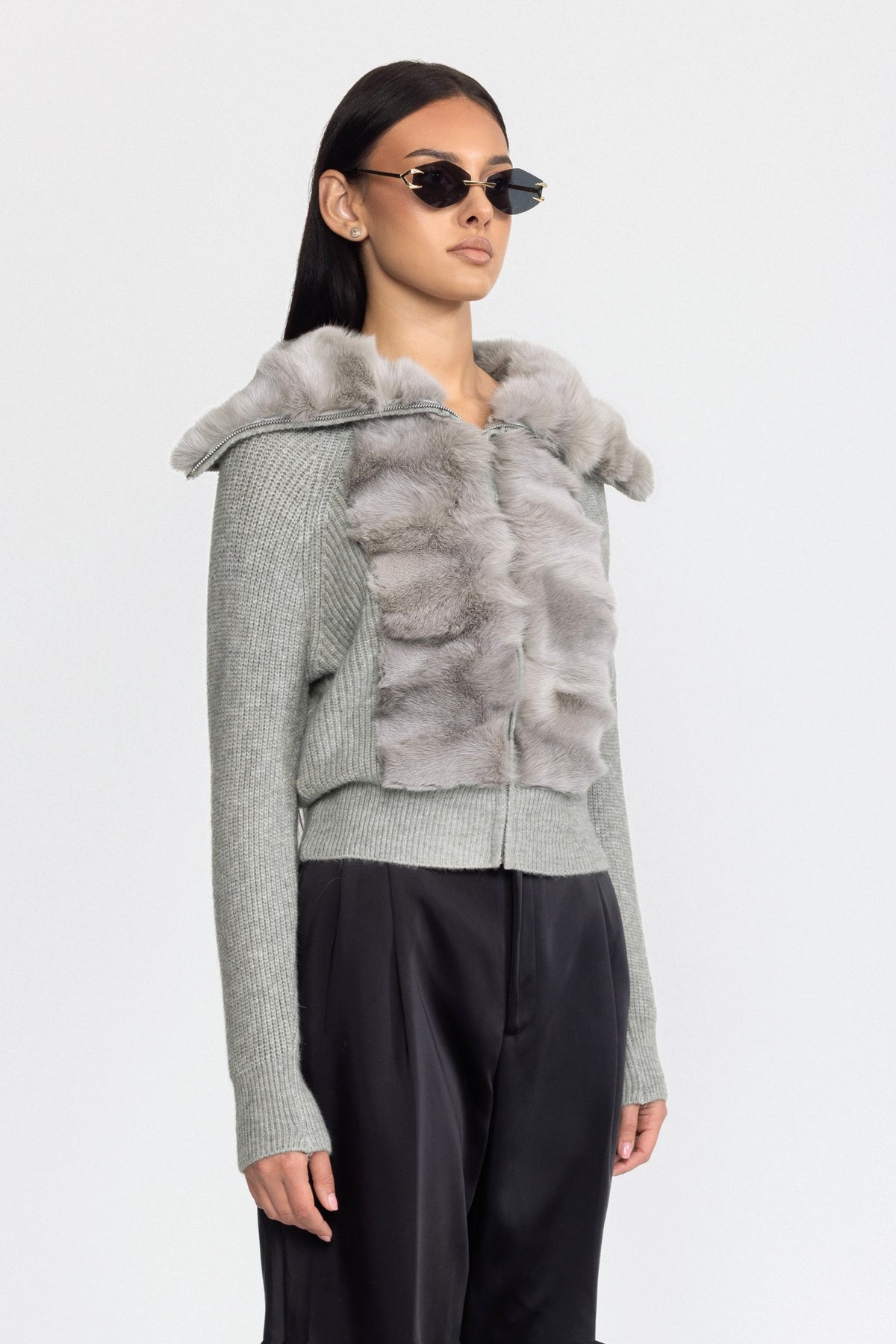 Cardigan zippé en maille à empiècement en fourrure de lapin - Gris 