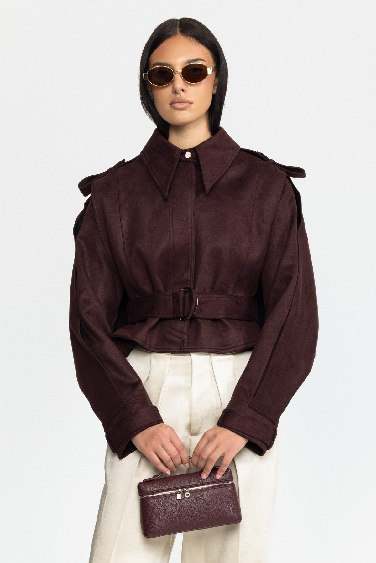 Cape-jacket en daim ceinturée - bordeaux 