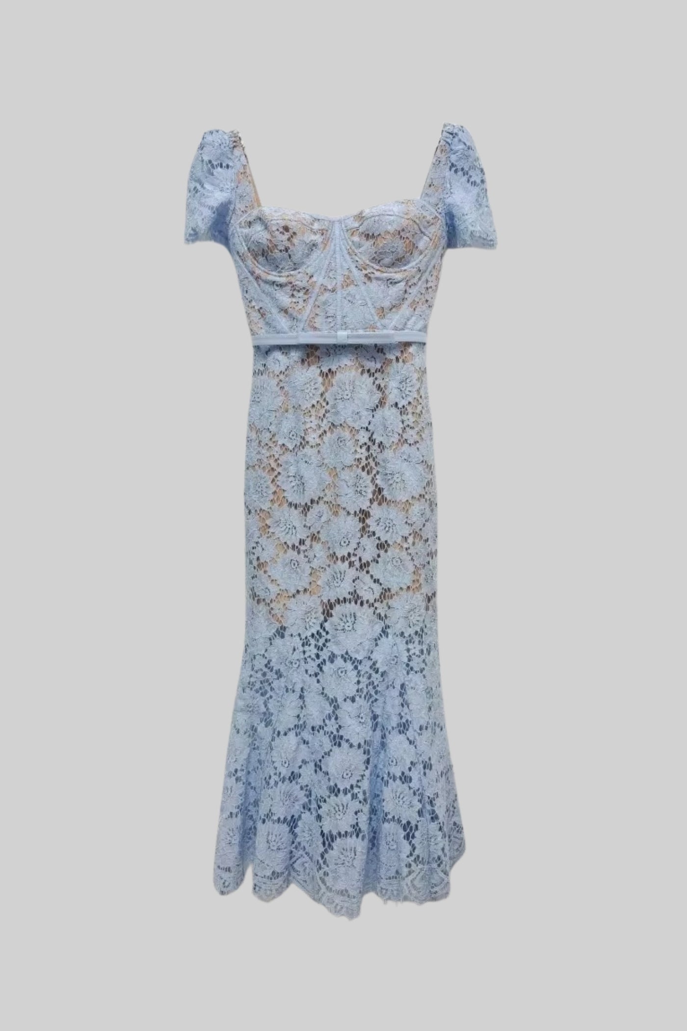Short Sleeved Lace Dress With Delicate Matching Waist Belt - Blue