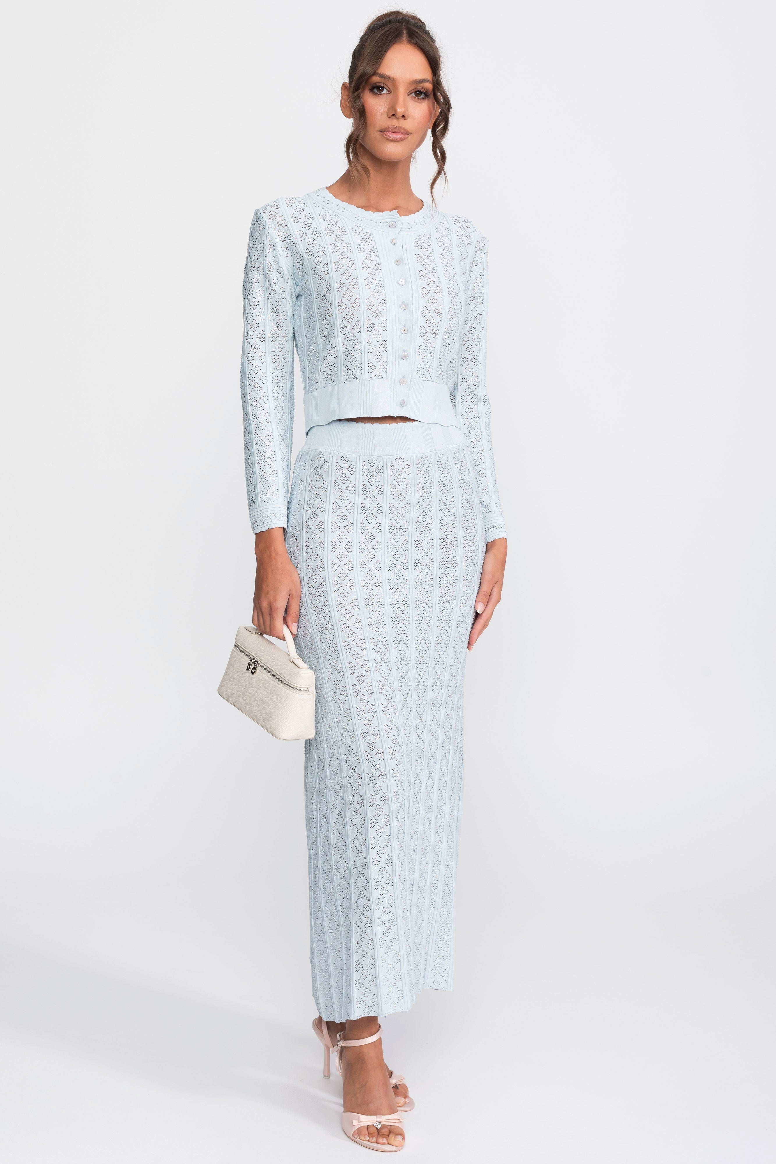 Ensemble coordonné en maille ajourée avec cardigan et jupe longue - Bleu clair 