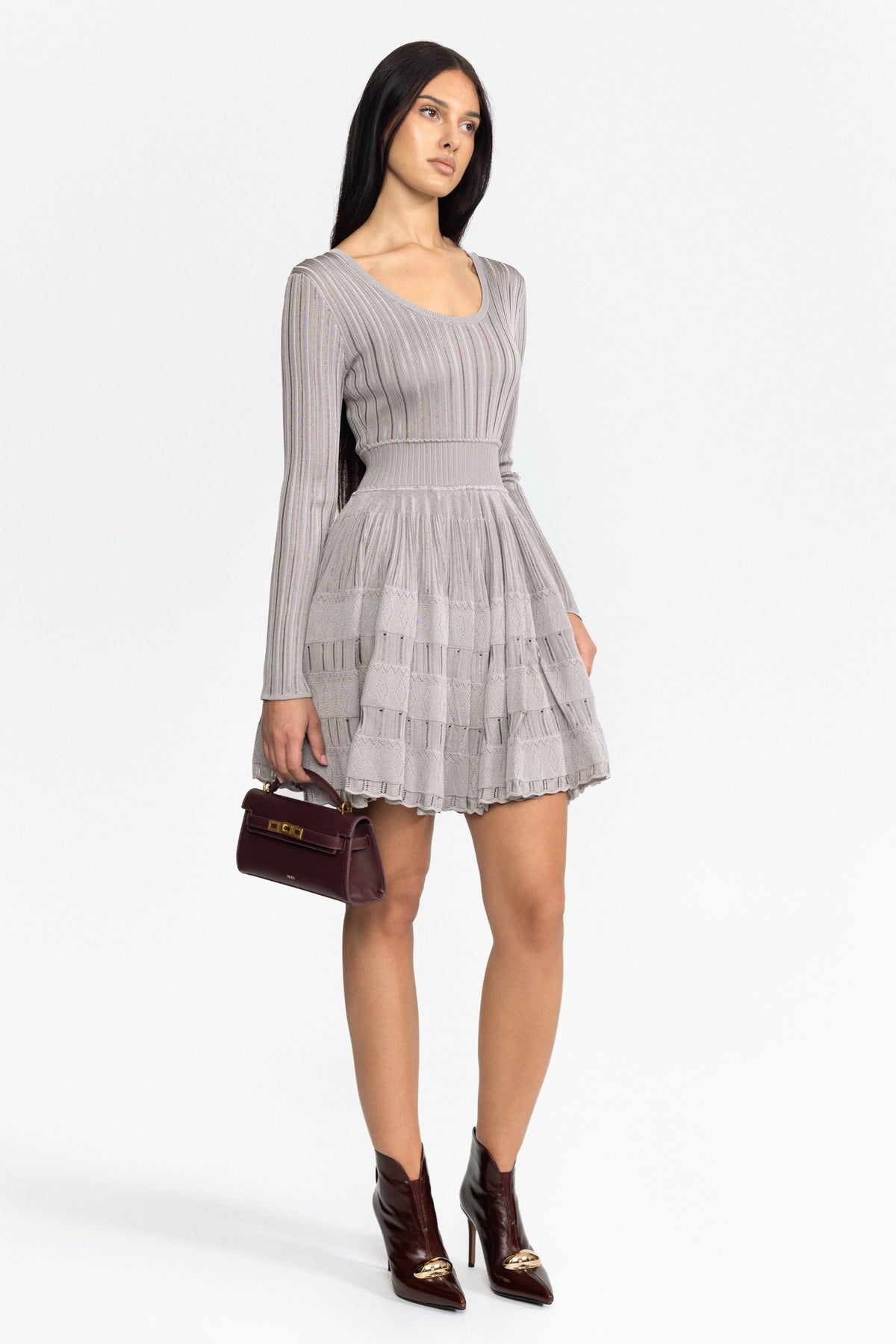 Robe patineuse mini à encolure dégagée en maille ajourée - Gris 