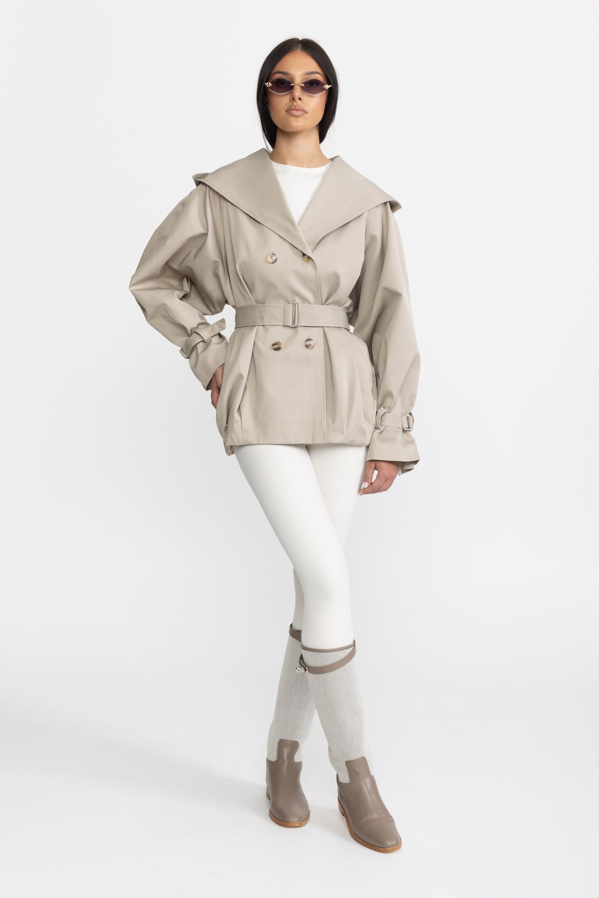 Hooded Double-Breasted Belted Trench Jacket - Stone