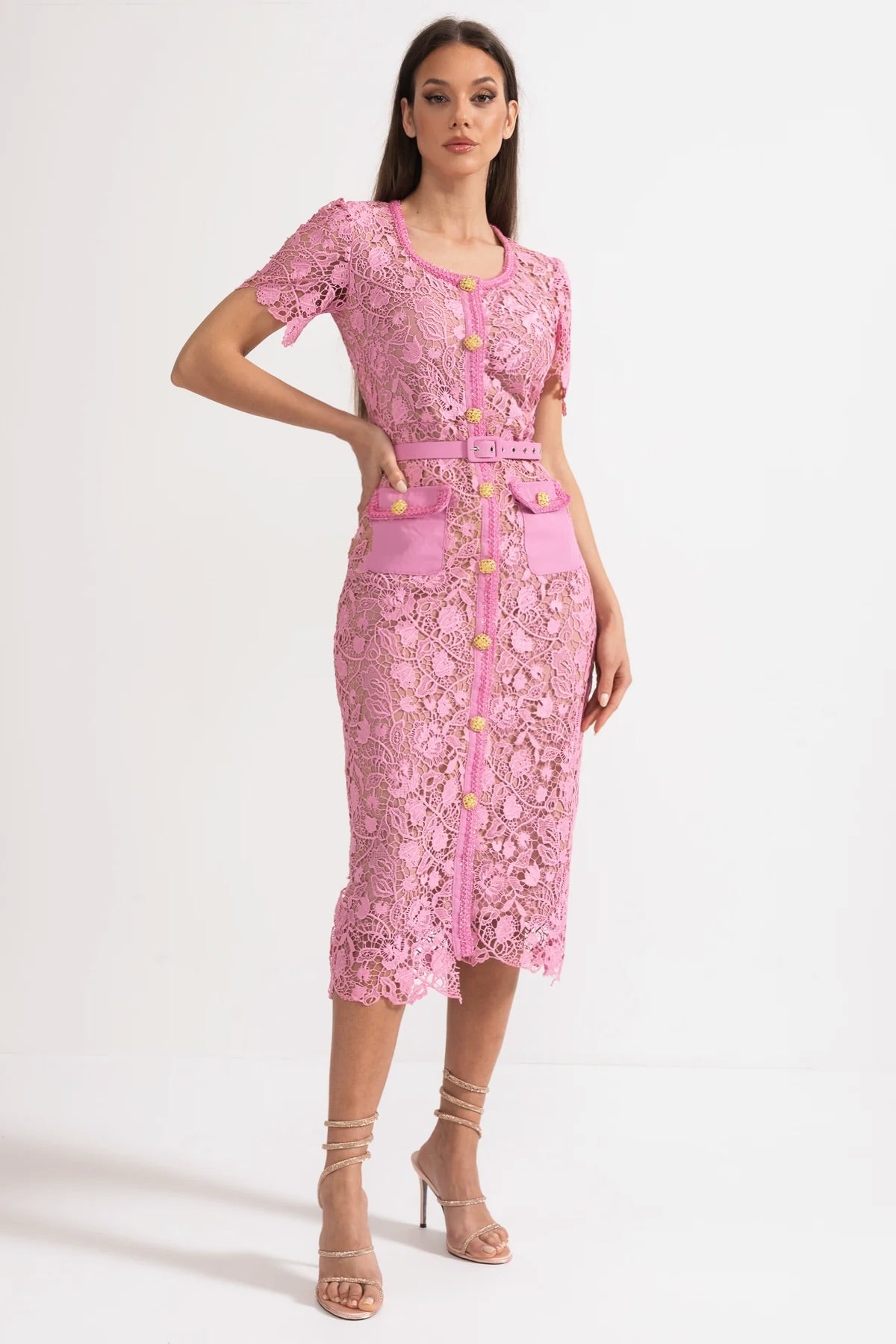 Robe Midi en Dentelle à Manches Courtes Exquise - Rose 