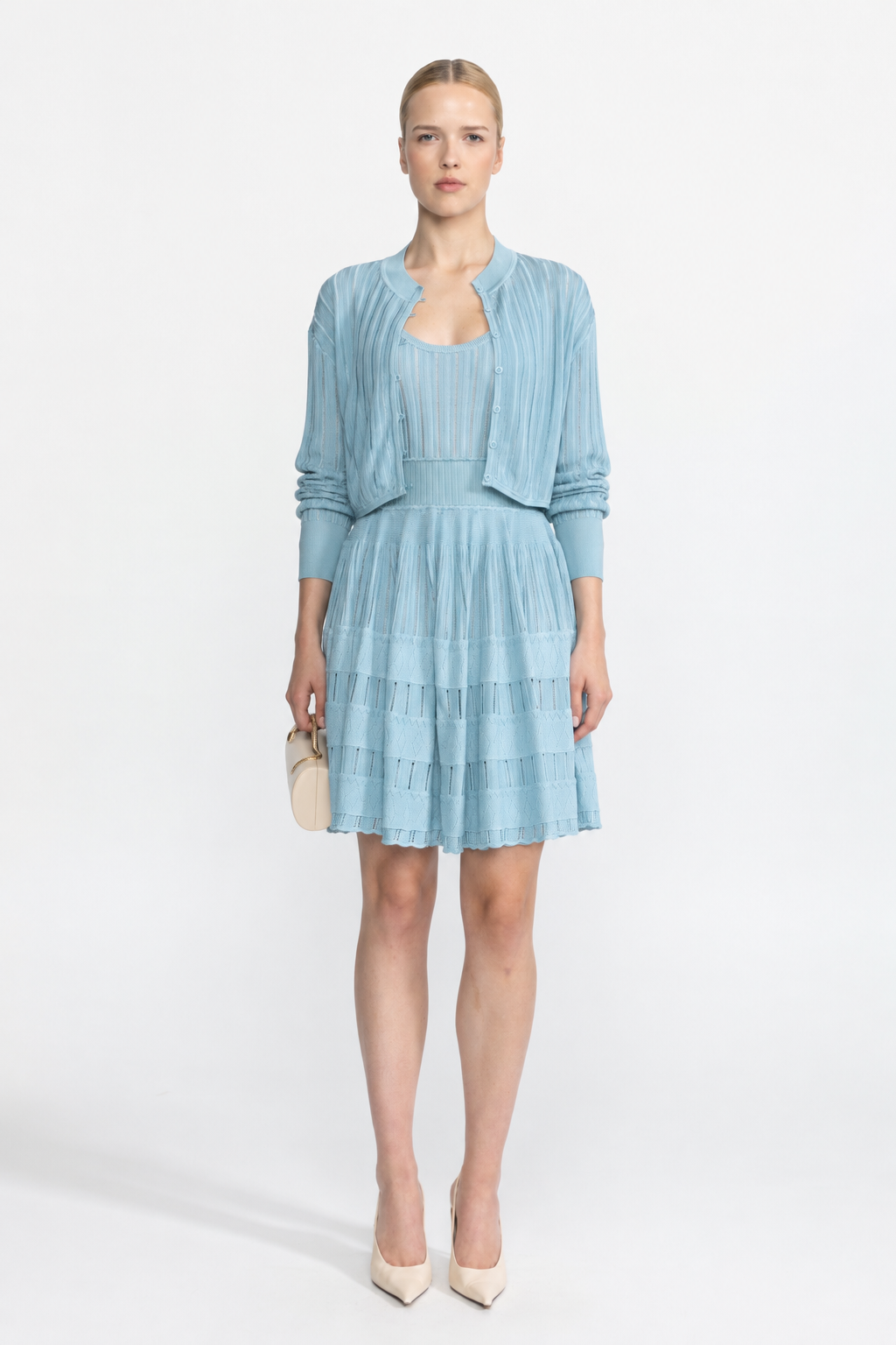 Ensemble cardigan cropped en maille pointelle côtelée et robe patineuse - bleu clair 