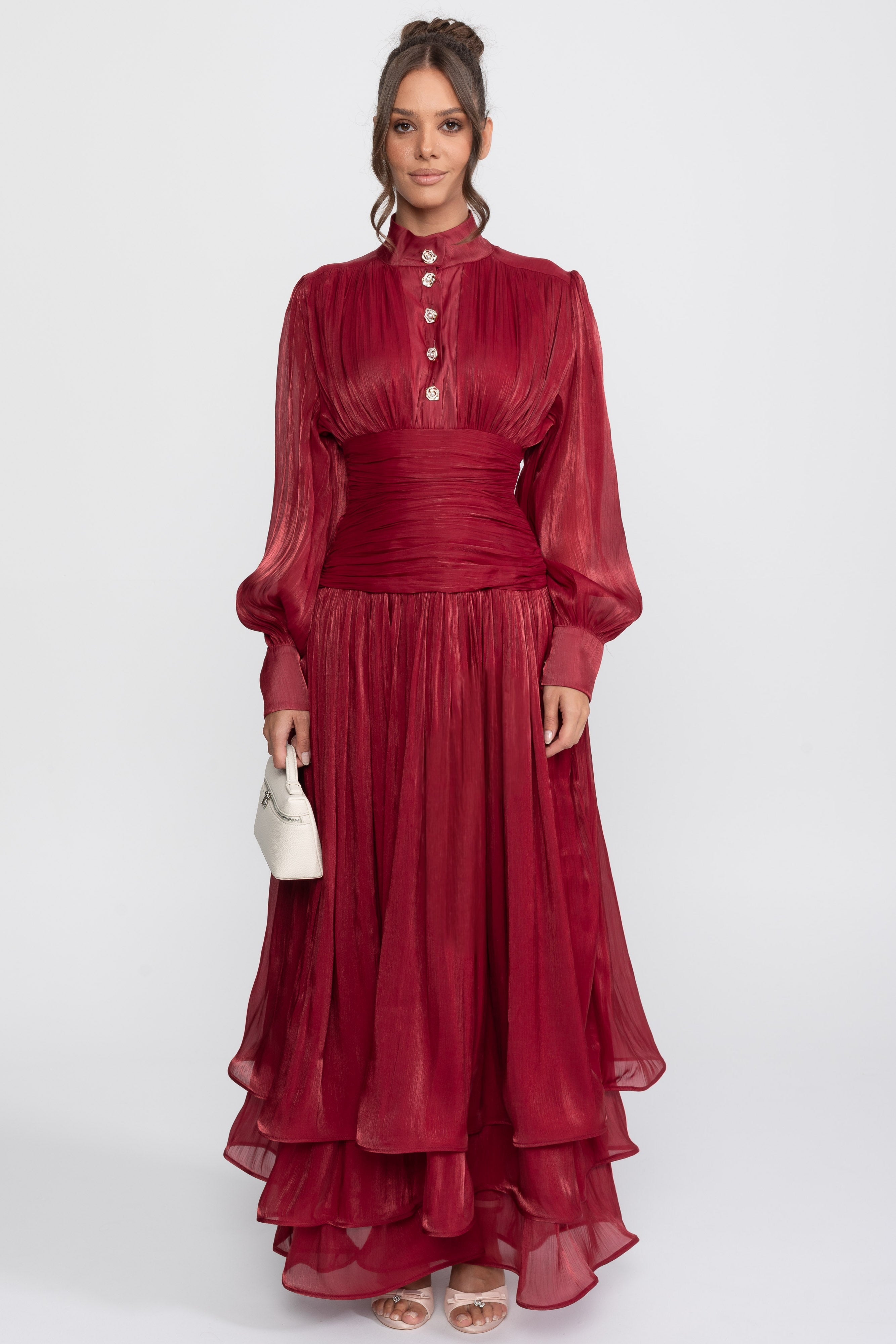 Robe longue à volants avec manches ballon et boutons roses bijoux - Rouge 