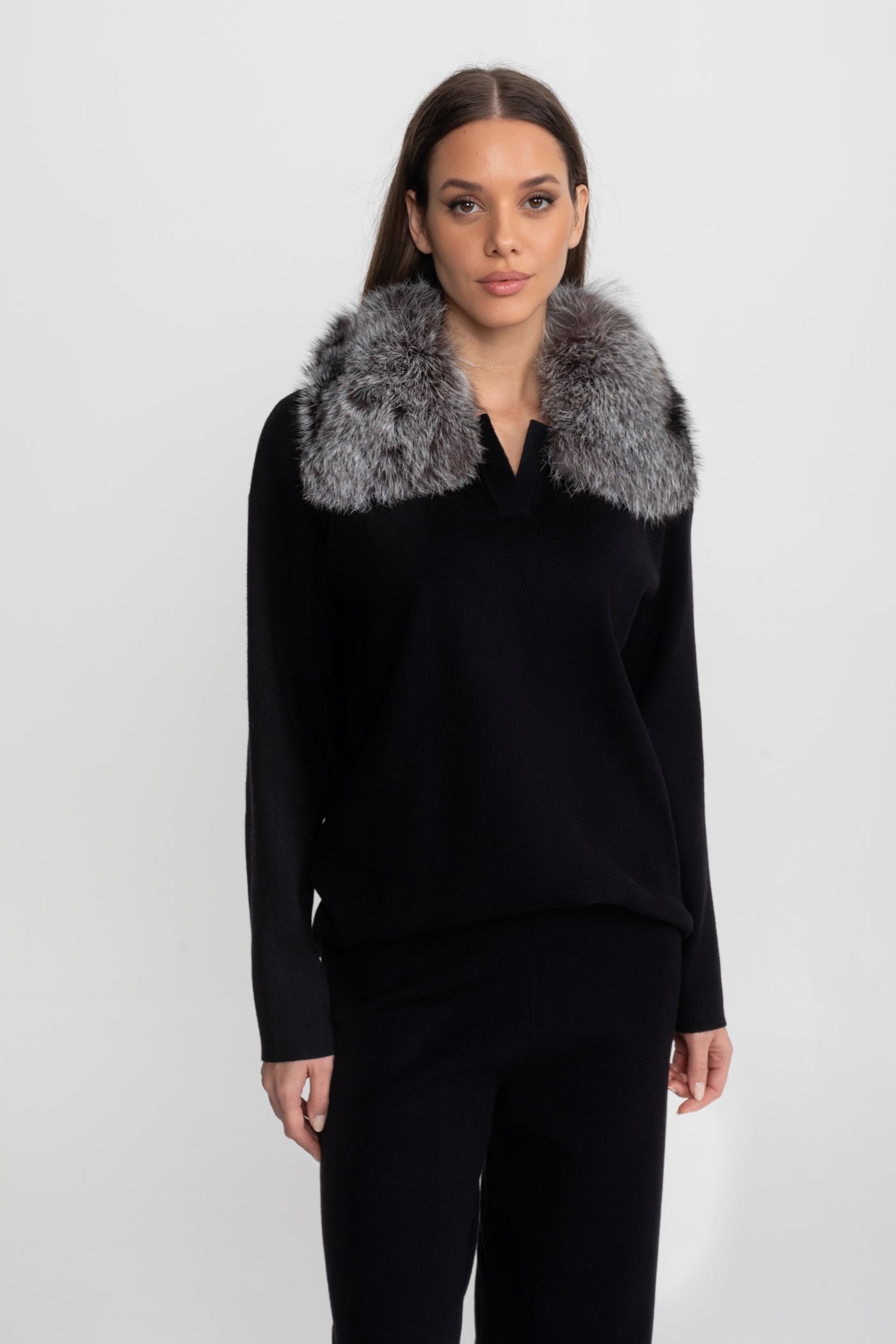 Knit Lounge Co-Ord Set with Fox Fur Collar – Black/Grey
