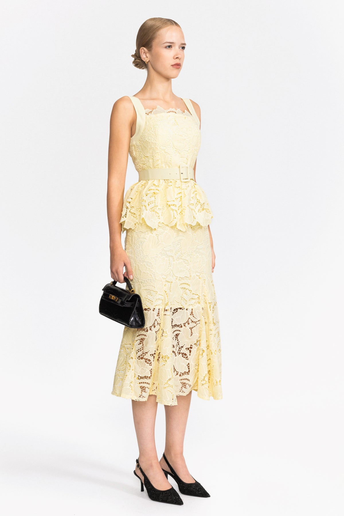 Ensemble top péplum et jupe midi en dentelle guipure - jaune 