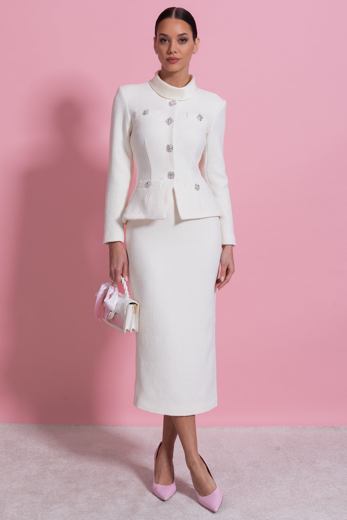 Ensemble coordonné texturé avec veste à col montant et détail de boutons en cristal - Blanc 