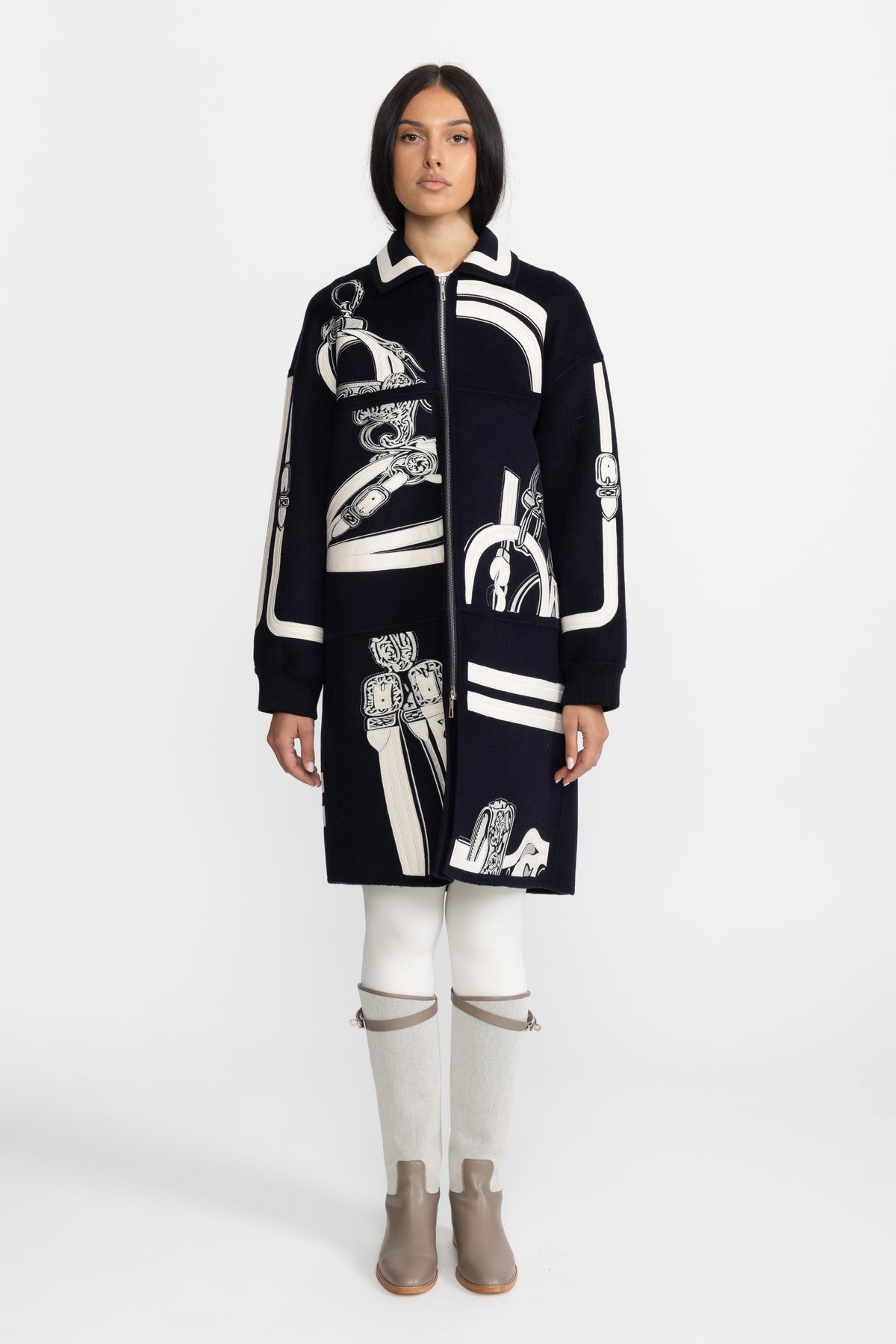 Manteau zippé en laine brodée à appliqué équestre - marine 