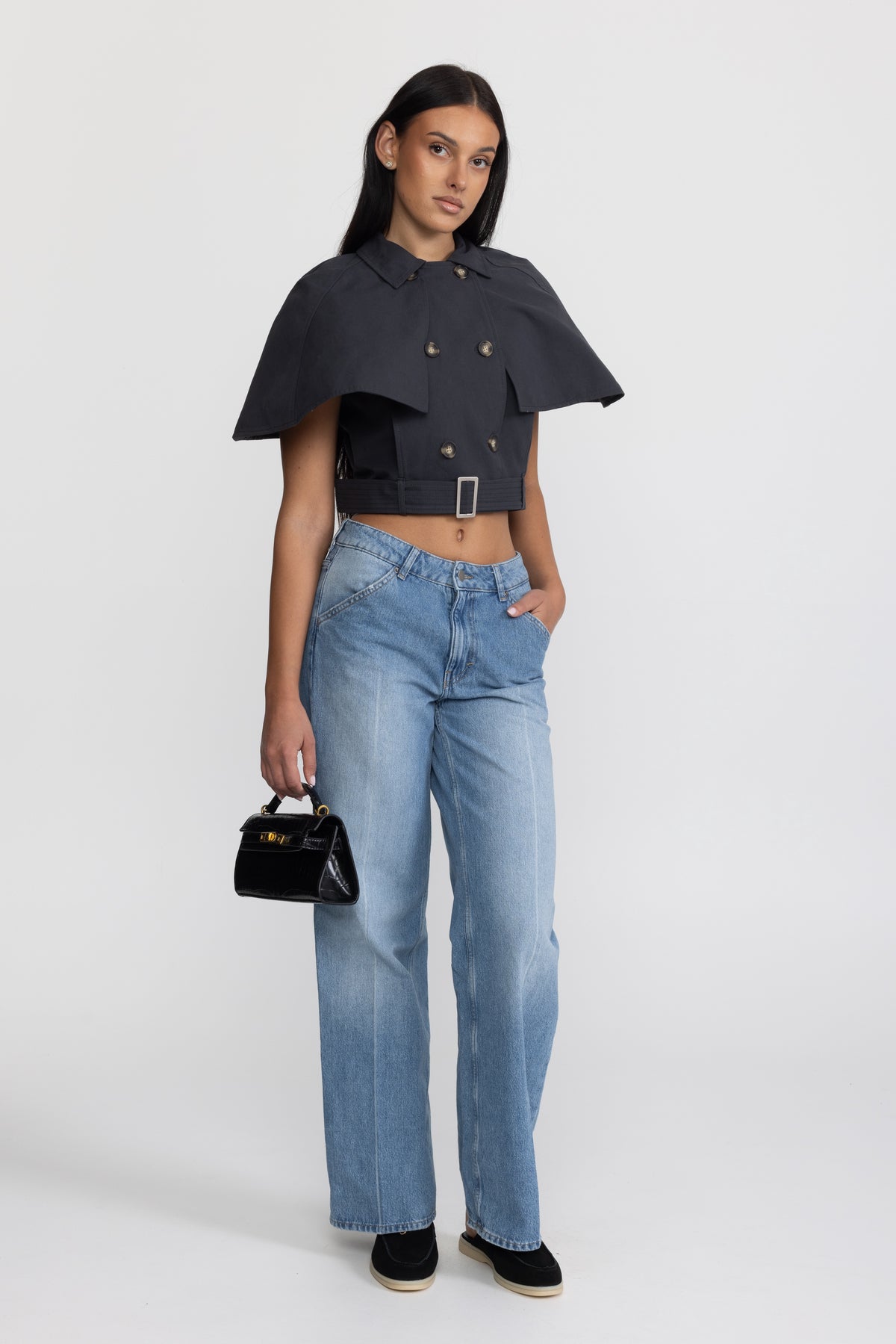 Cape-top trench cropped avec ceinture - bleu marine 
