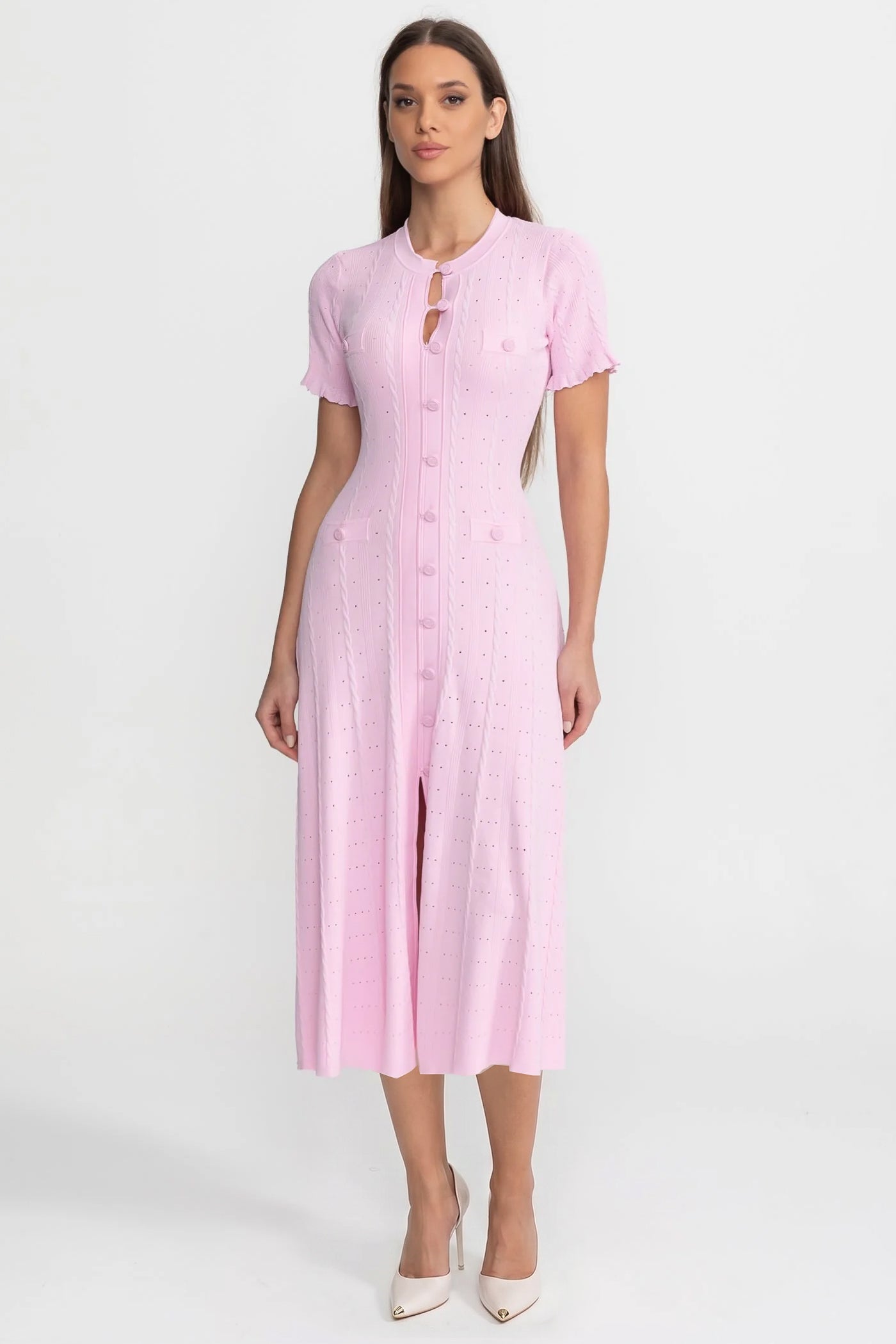 Robe Midi en Maille à Boutons sur le Devant avec Manches Festonnées – Rose 