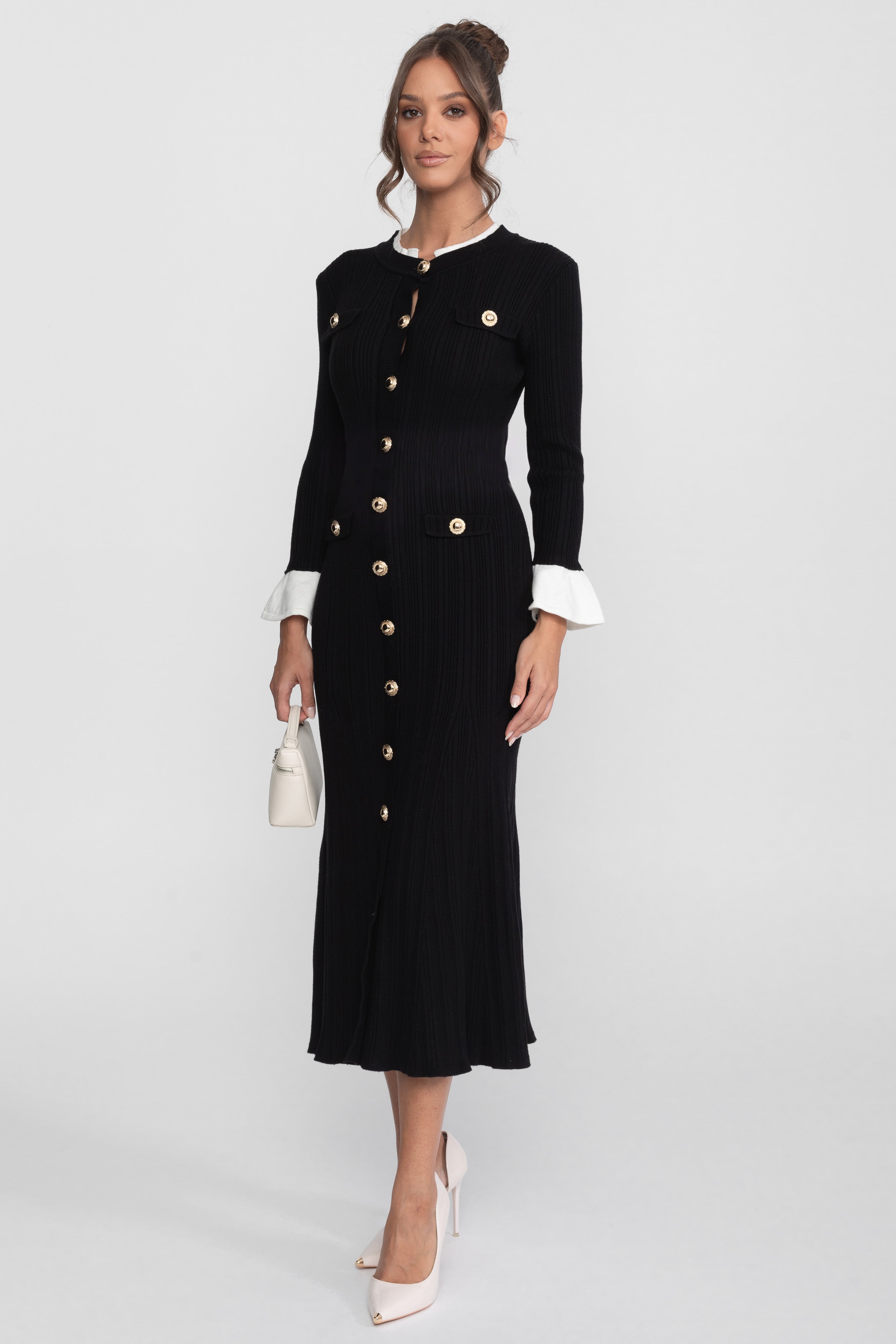 Robe midi en maille côtelée avec poignets et col blancs - Noir 