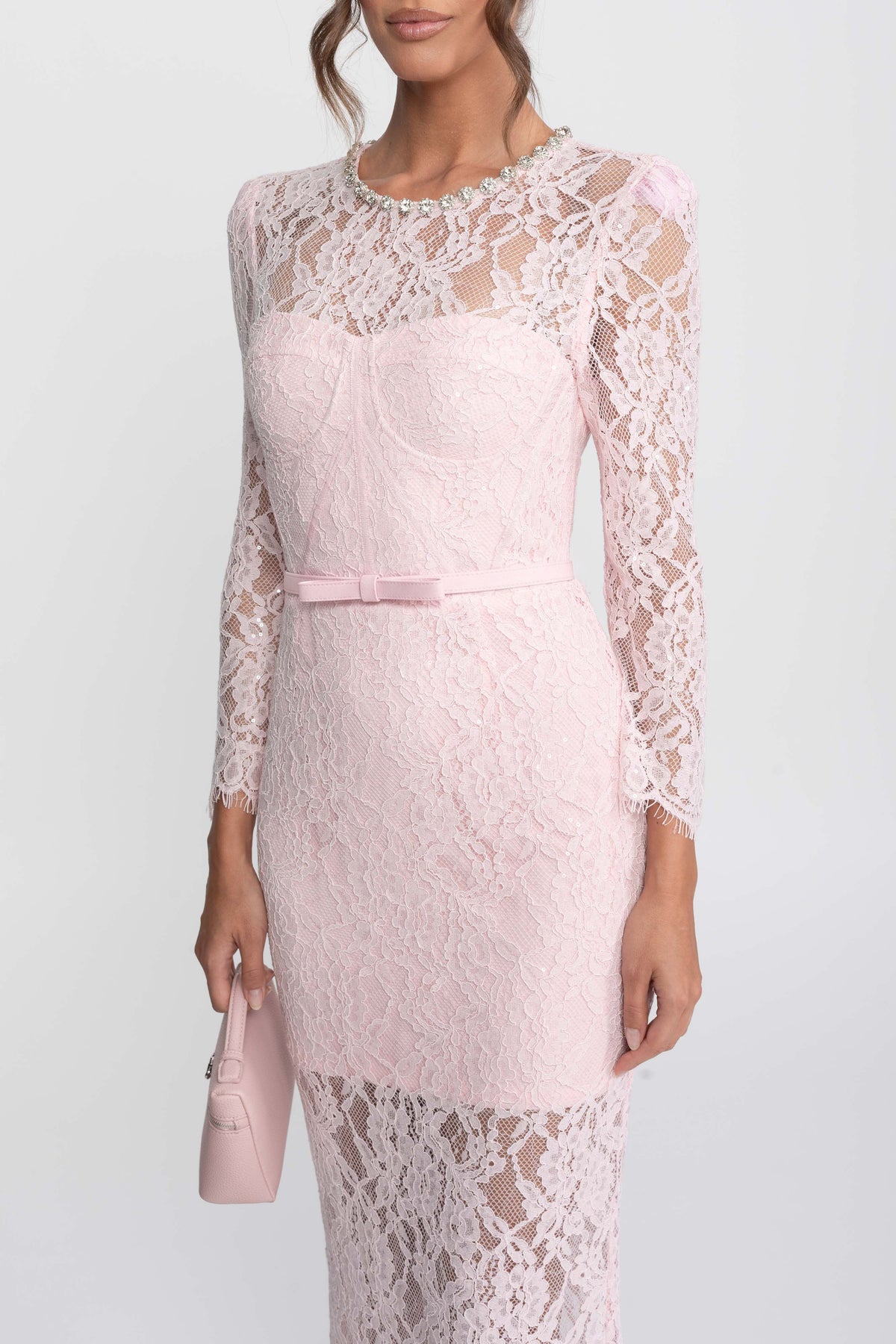 Robe midi à bordure en dentelle avec encolure ornée de cristaux - Rose 