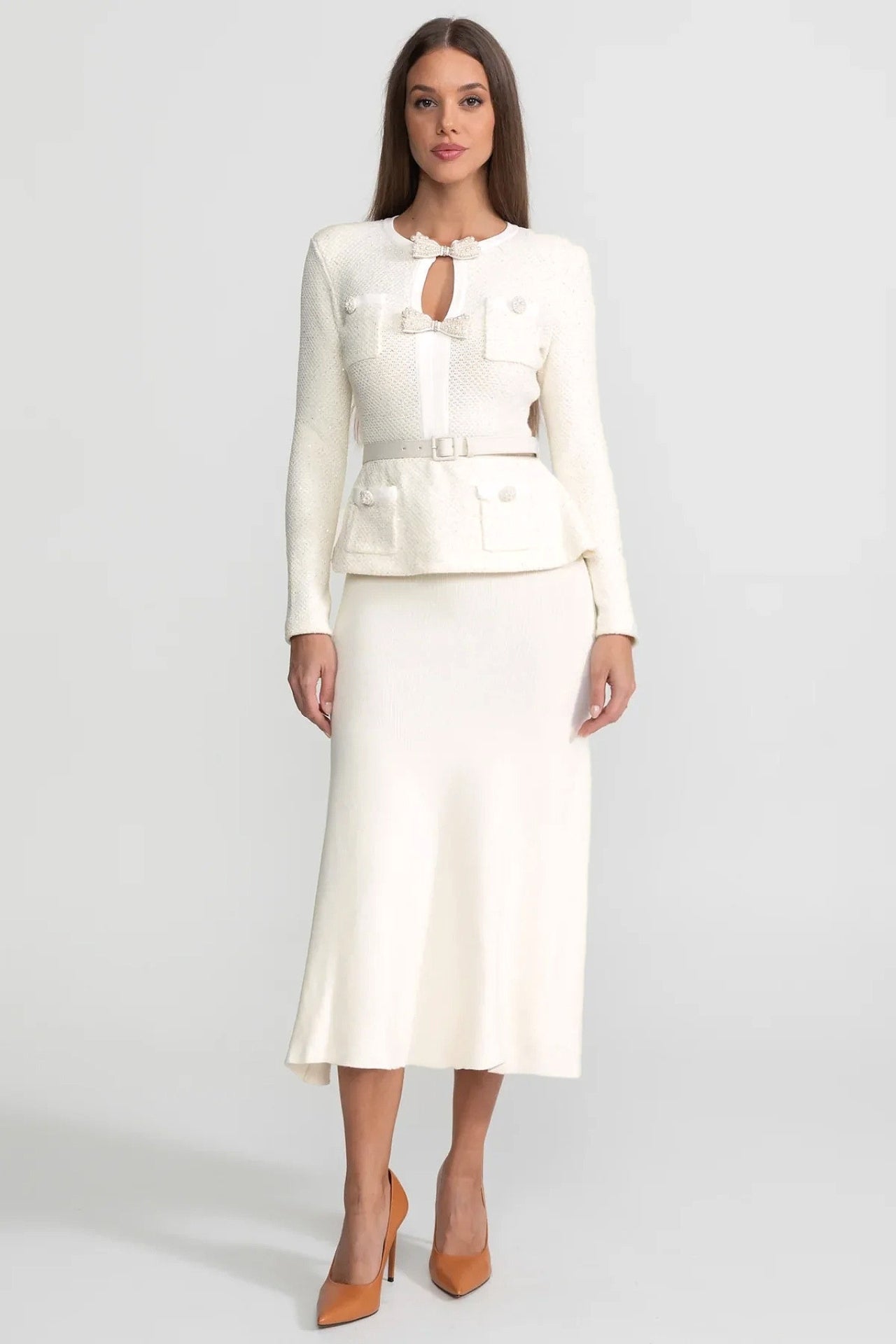 Robe midi en maille peplum en tweed – Ivoire 