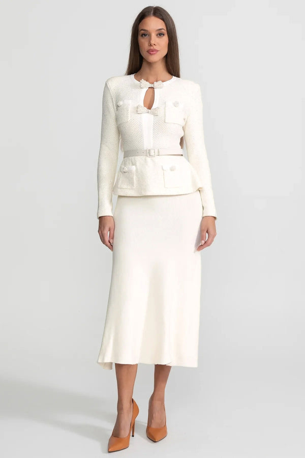Robe midi en maille peplum en tweed – Ivoire 