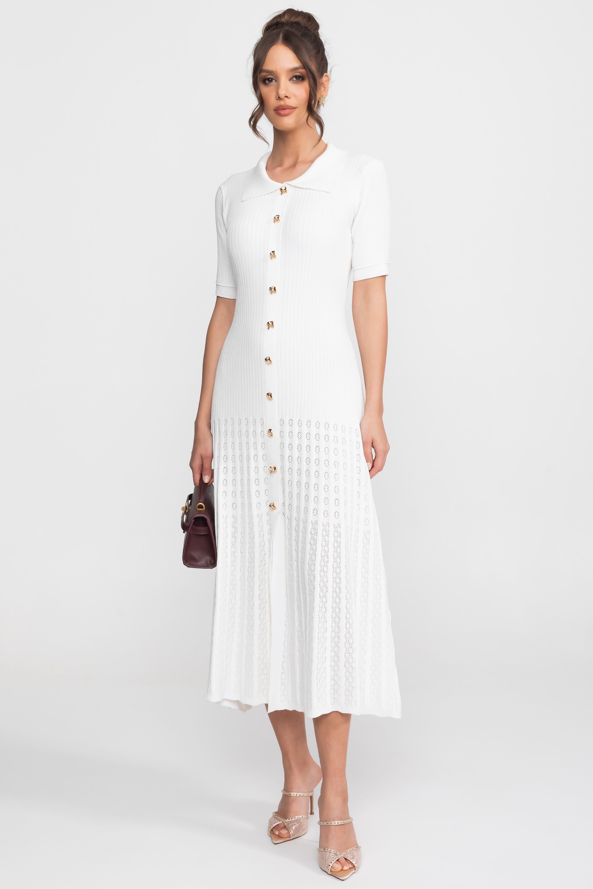 Robe midi en maille côtelée avec col Claudine et jupe plissée - Blanc 