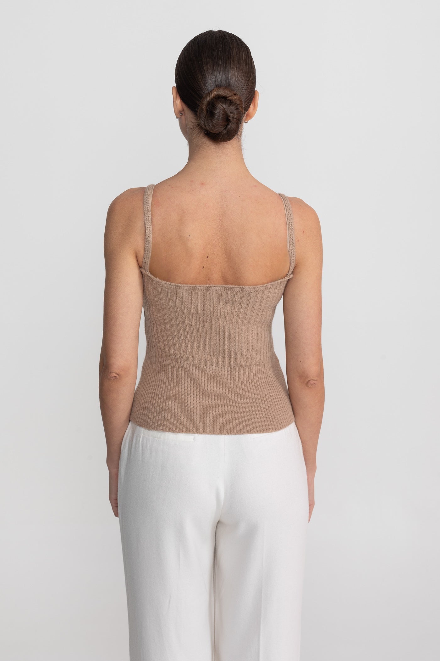 Ensemble Deux Pièces en Maille avec Ornements en Cristal et Poignets Bordés - Beige 