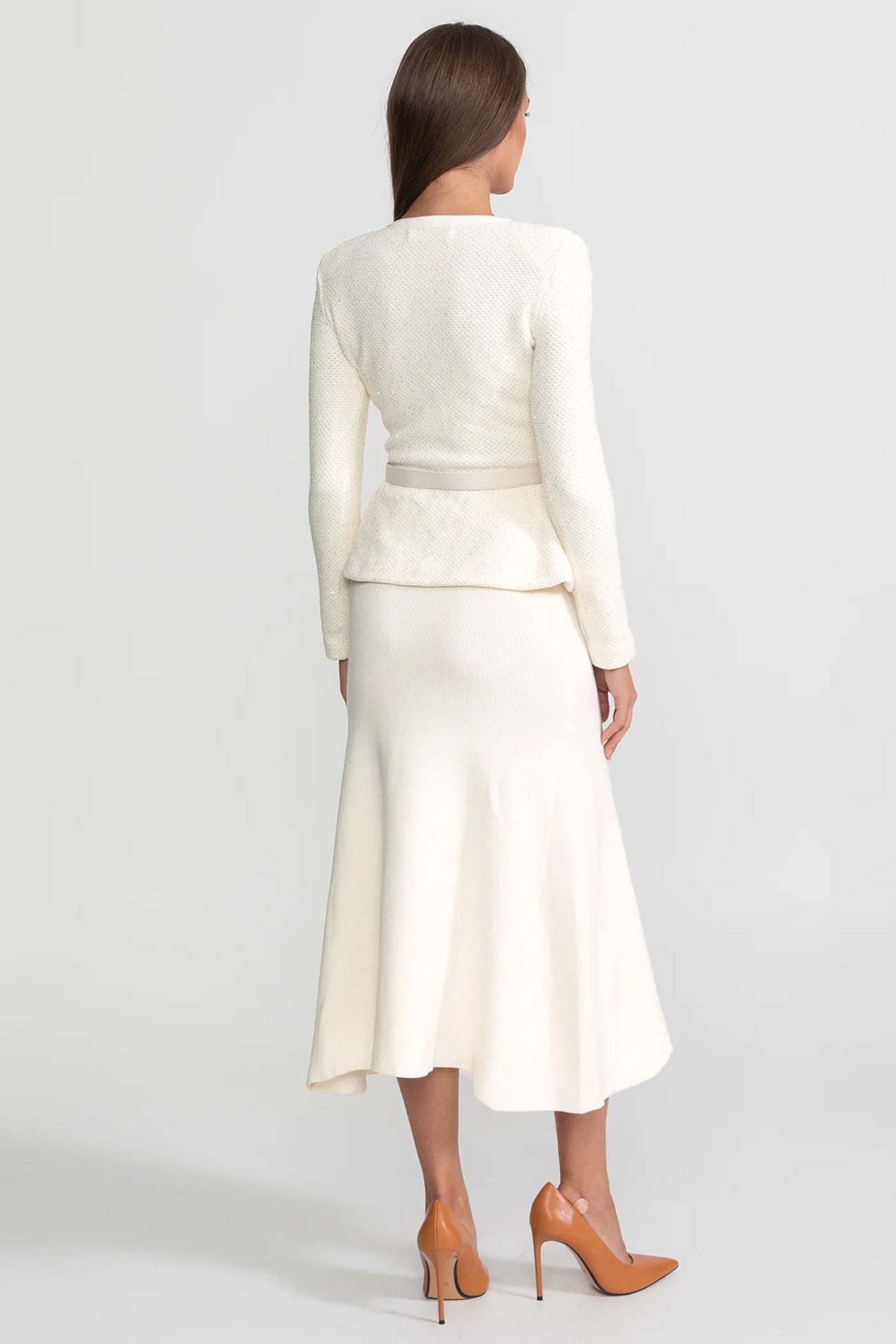 Robe midi en maille peplum en tweed – Ivoire 