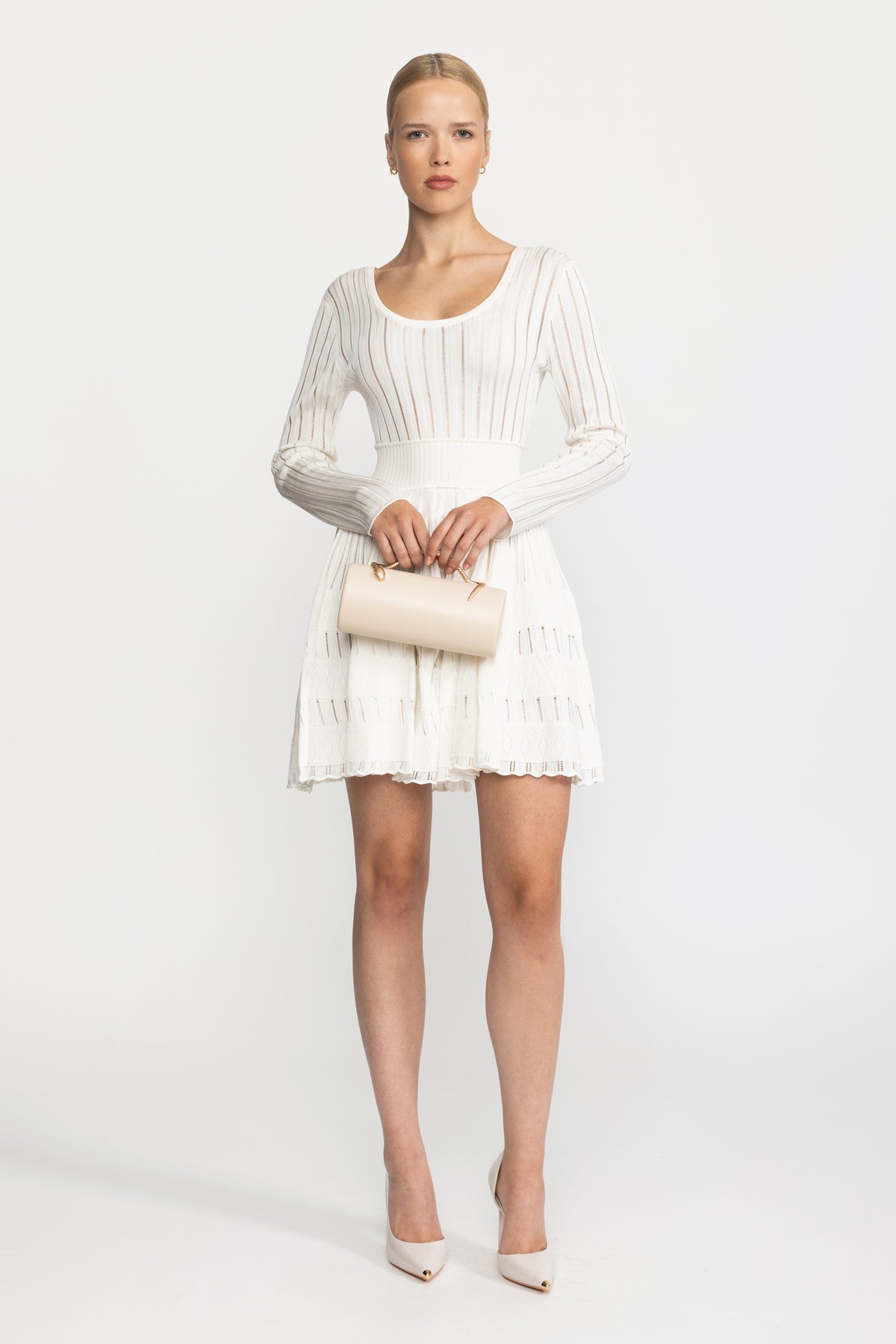 Robe mini patineuse à encolure dégagée en maille ladder - Blanc 