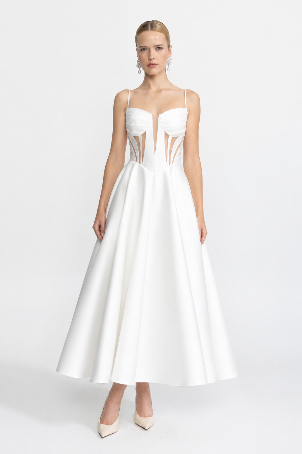Sheer Panel Satin Corset Midi Dress - White