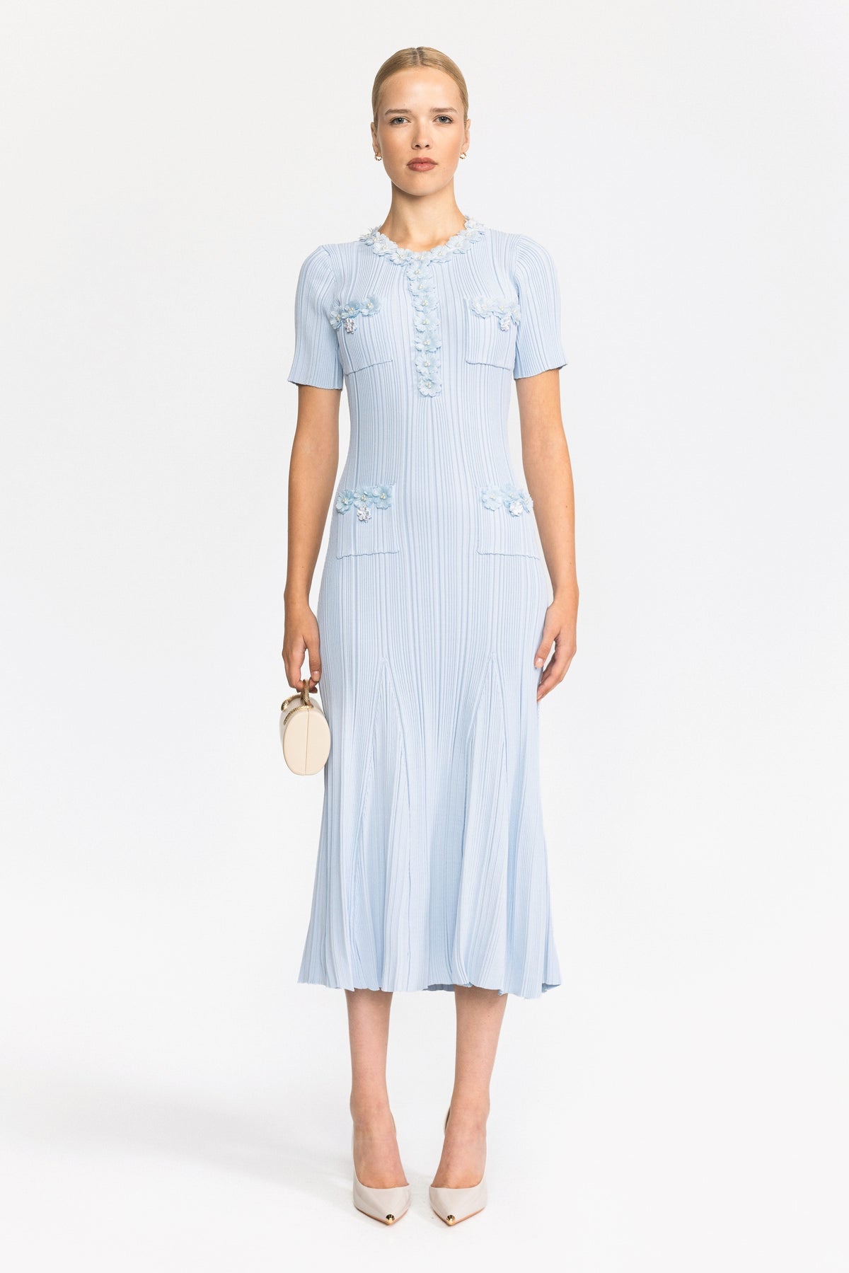 Robe midi en maille côtelée à appliqué fleur - Bleu clair 