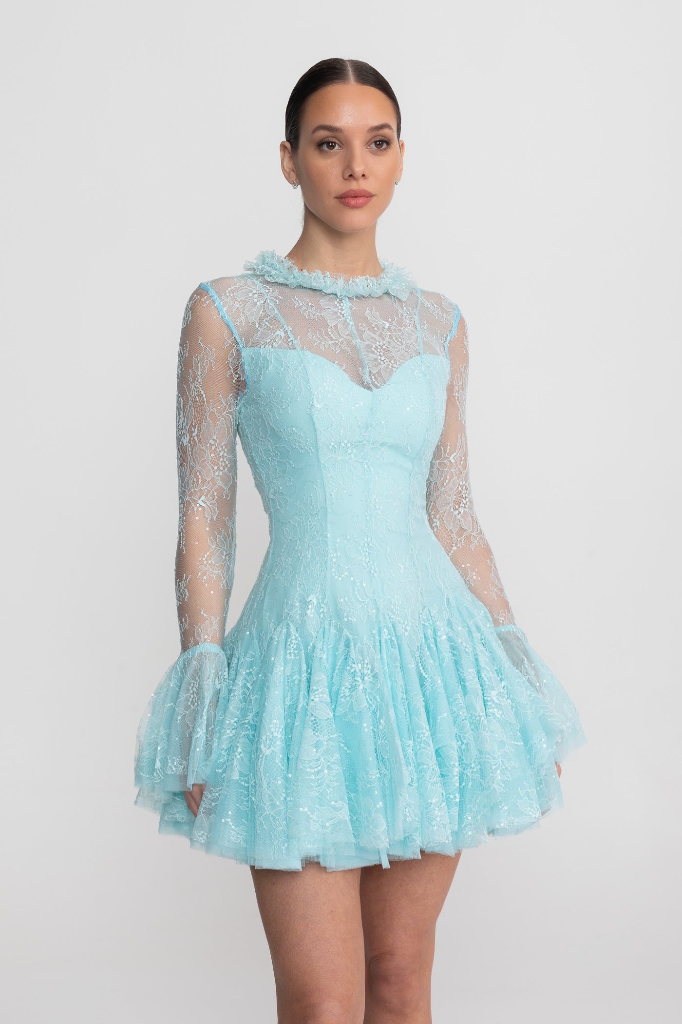 Sheer Lace Long Sleeve Mini Dress With Ruffled Hem - Teal