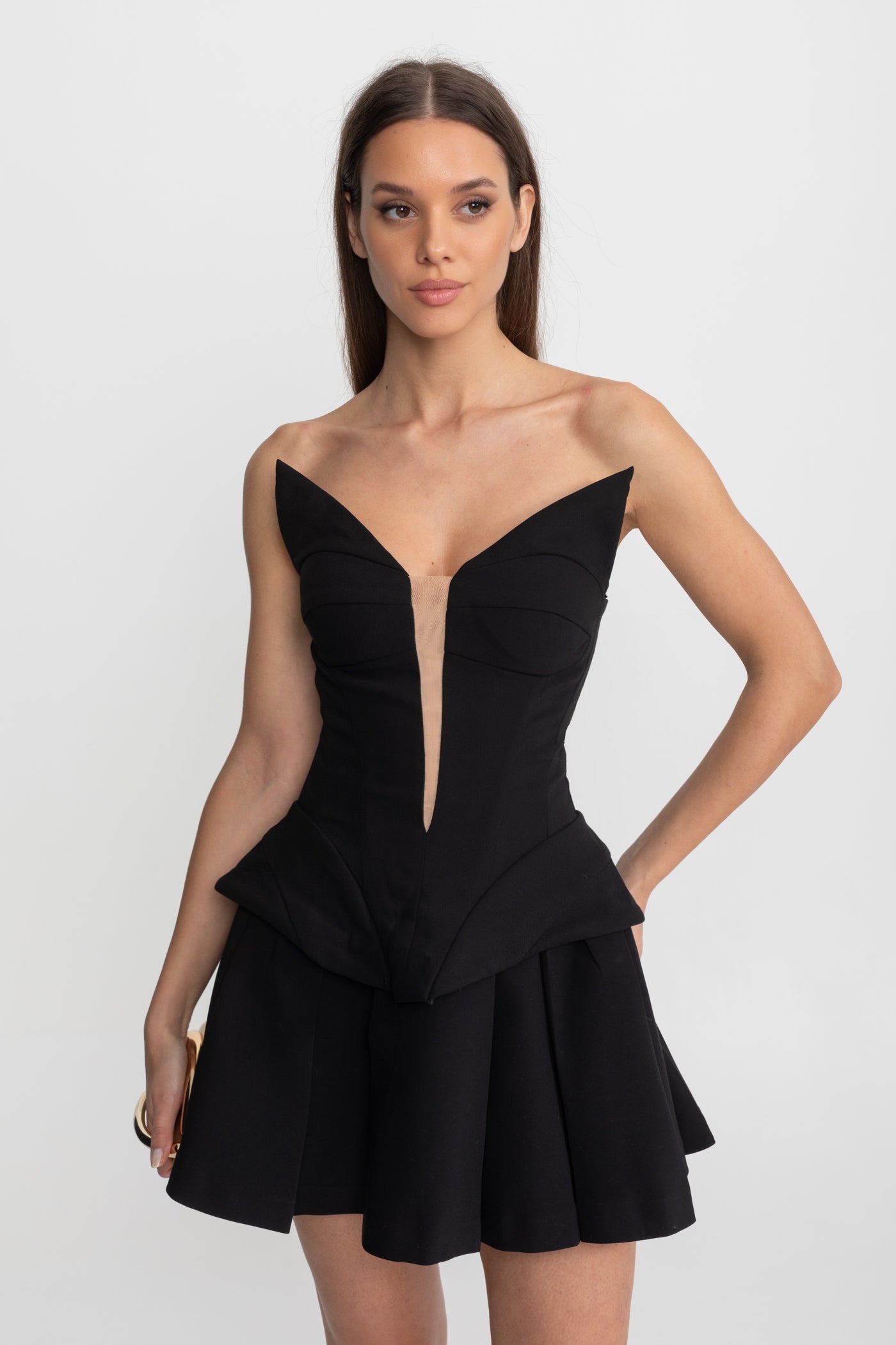 Haut bustier avec corsage sculpté et insert illusion – Noir 