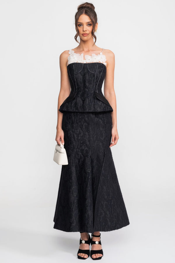 Ensemble Maxi en jacquard avec encolure florale transparente et taille peplum - Noir 
