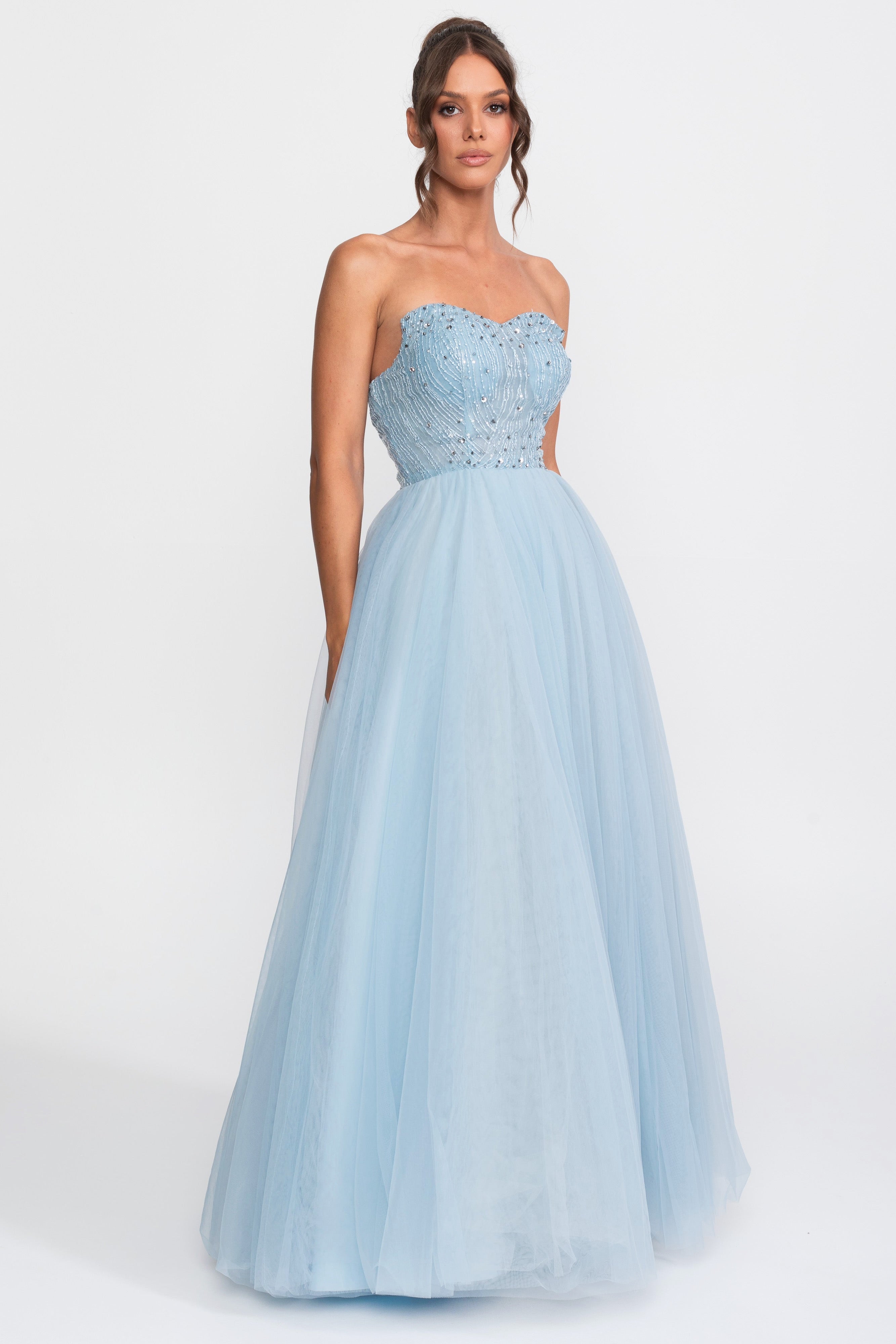 Robe de bal bustier en tulle avec ornements de sequins - Light Blue 