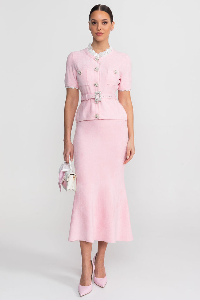 Ensemble à manches courtes avec taille peplum et ceinture à boutons en cristal - Blush Pink 