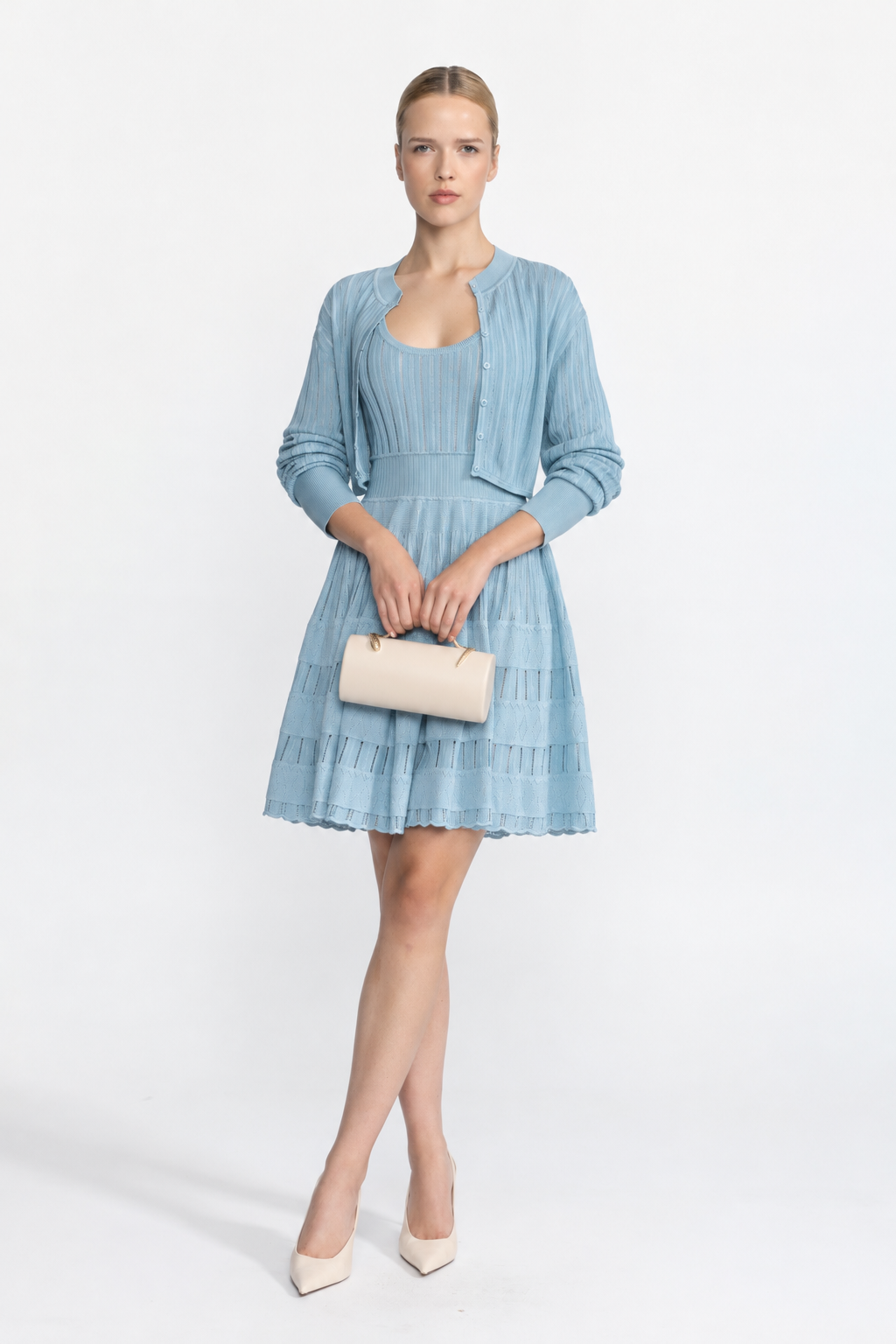 Ensemble cardigan cropped en maille pointelle côtelée et robe patineuse - bleu clair 