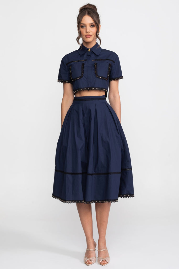 Ensemble coordonné chemise courte et jupe midi à broderie - Marine 