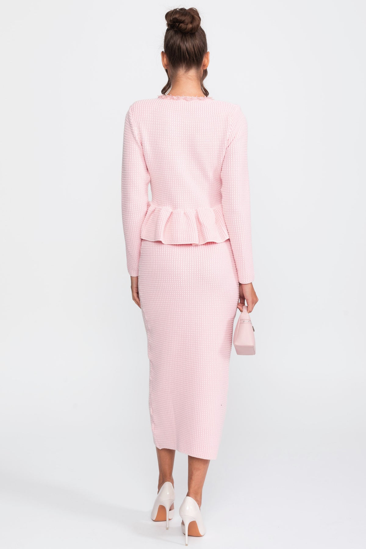 Robe peplum en maille à bordure à franges avec poches poitrine avant - Rose 