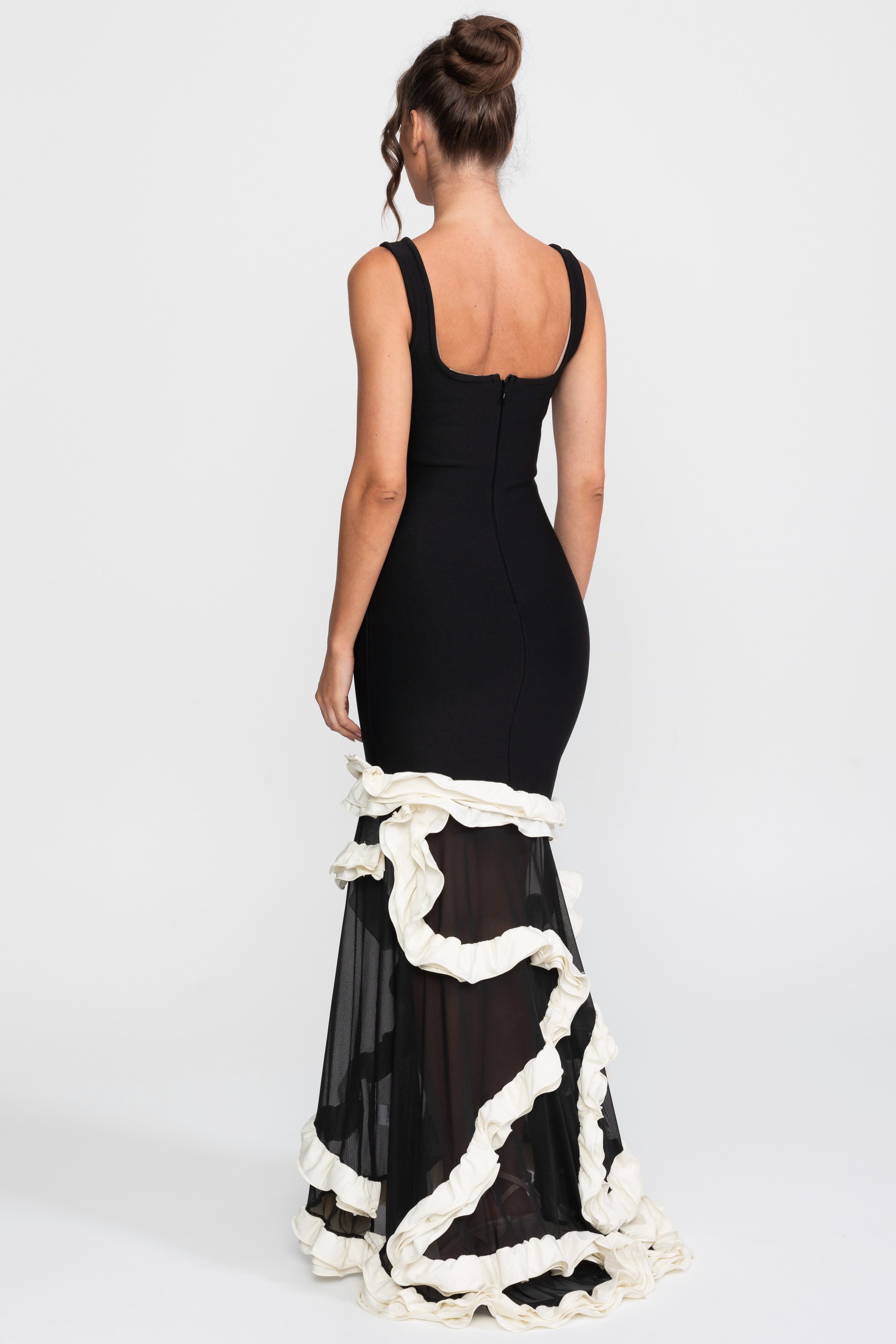 Robe moulante à ourlet volanté avec encolure carrée - Noir 