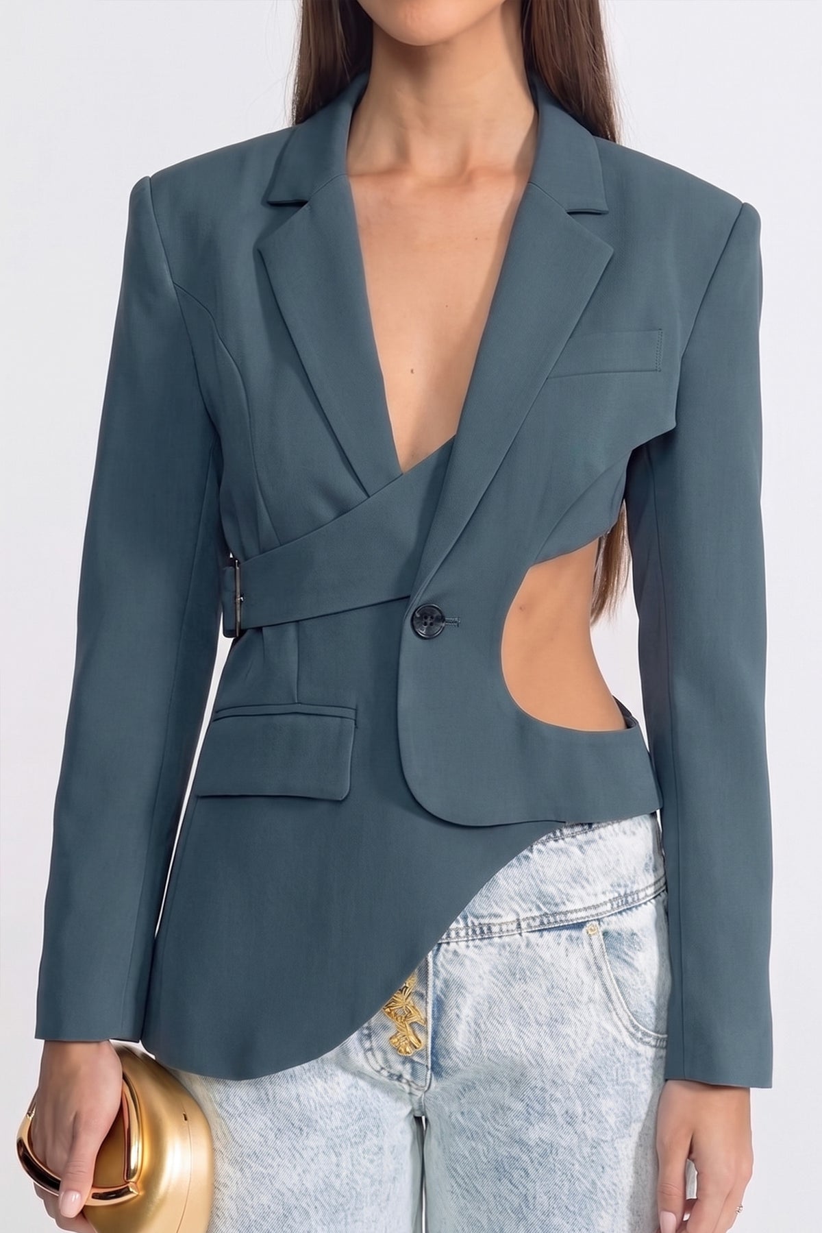 Blazer asymétrique à découpe avec détail ceinture - bleu sarcelle 