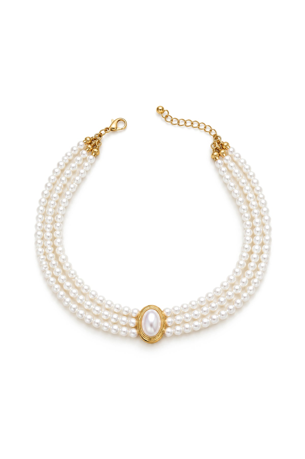 Collier ras-du-cou triple rang de perles avec fermoir camée - Blanc 