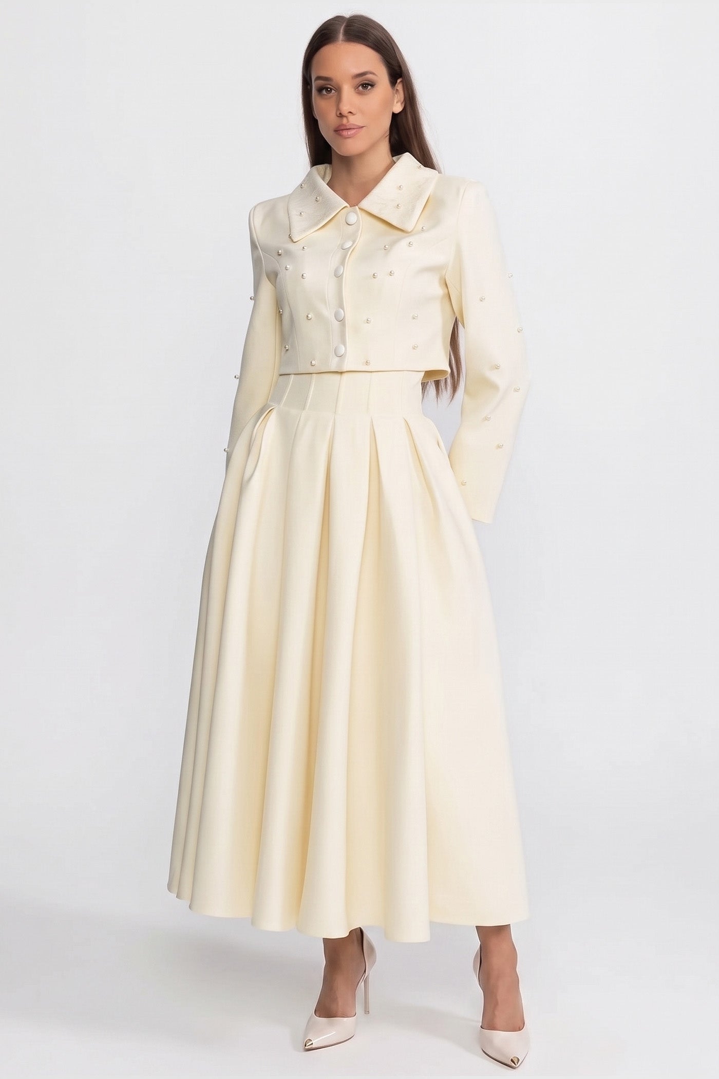 Ensemble coordonné orné de perles avec veste courte et jupe longue – Blanc 