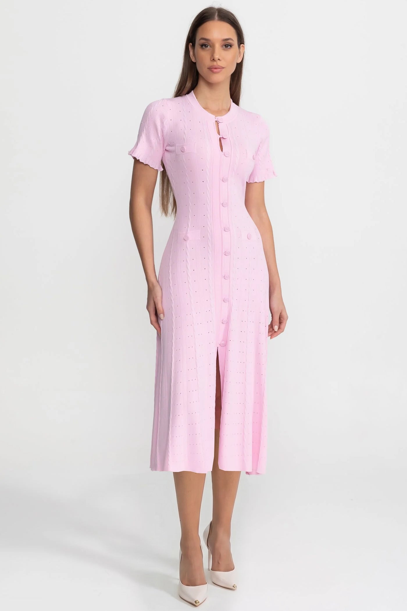 Robe Midi en Maille à Boutons sur le Devant avec Manches Festonnées – Rose 