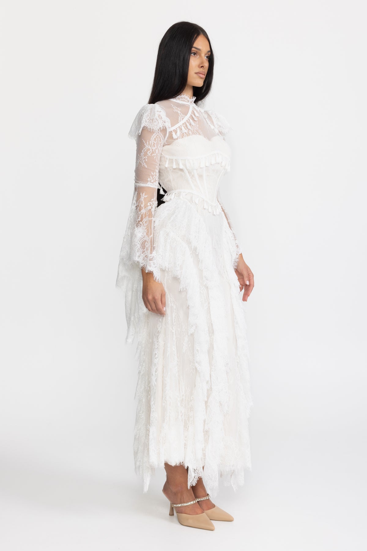 Tassel Trim Lace Corset Bell Sleeve Maxi Dress - White