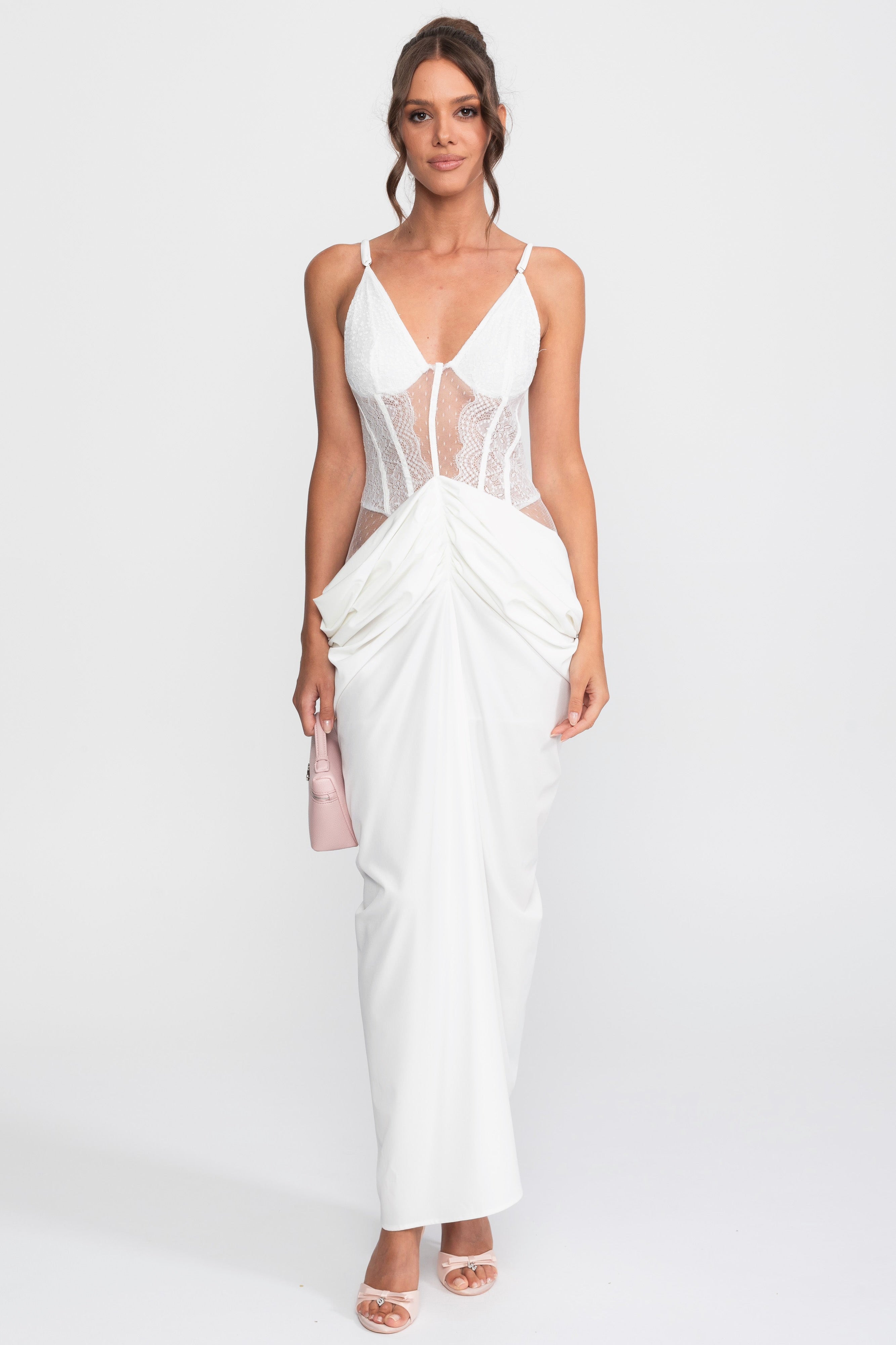 Robe drapée à corsage en dentelle avec fines bretelles - Blanc 
