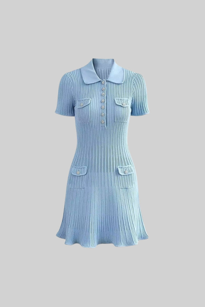 Robe taille fine à manches courtes avec motif diamant - Baby Blue 