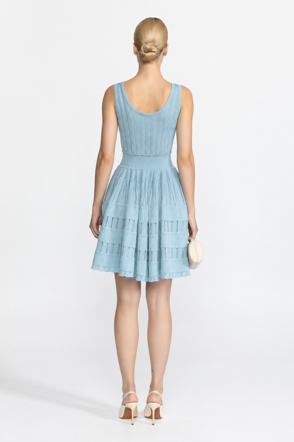 Ensemble cardigan cropped en maille pointelle côtelée et robe patineuse - bleu clair 