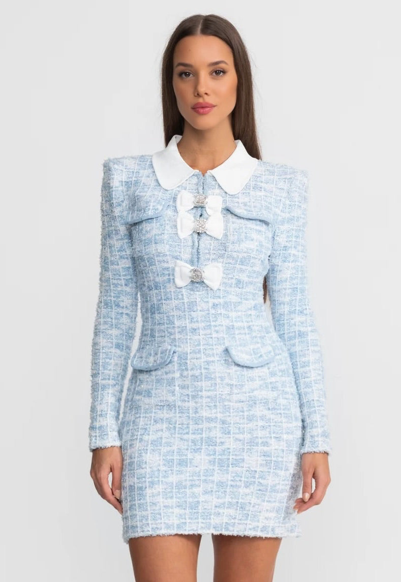 Tweed Mini Dress with Contrast Collar and Bow Embellishments - Light Blue